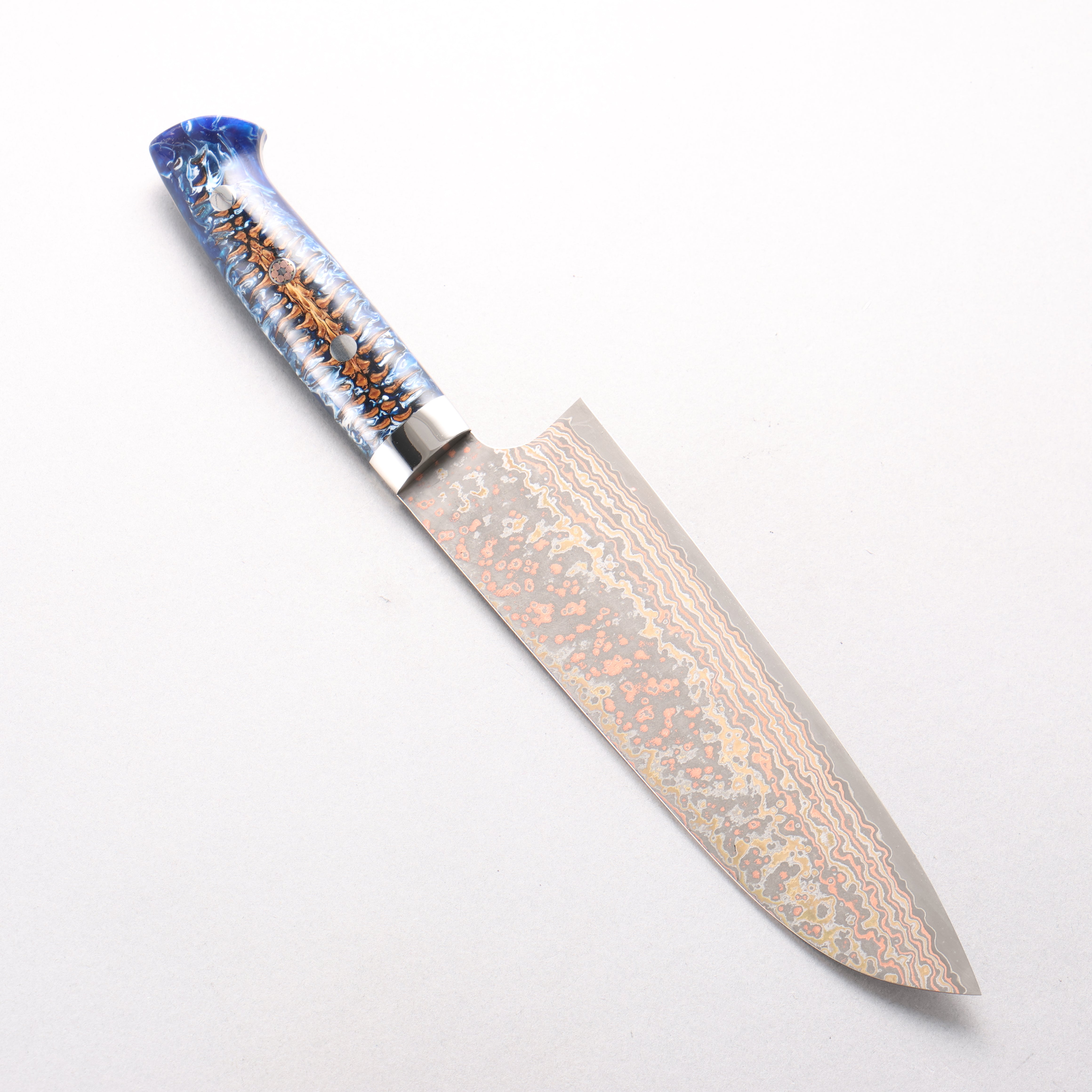 Takeshi Saji VG10w Colored Damascus Nashiji Santoku 180mm Pine Cone and Blue Acrylic Handle - Seisuke Knife
