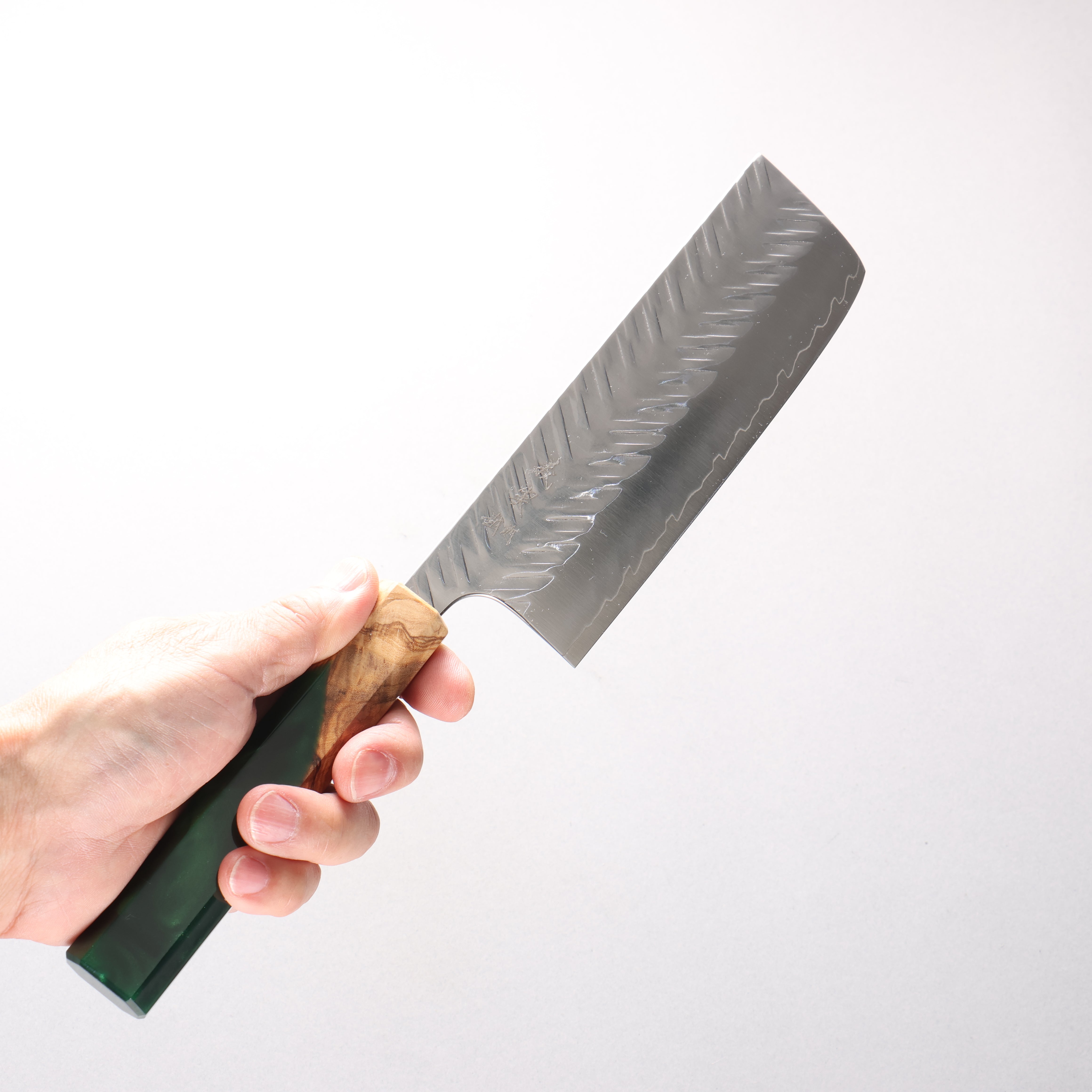 Yoshimi Kato SPG STRIX Hammered (V) Nakiri 165mm Olive Tree and Green Resin Handle