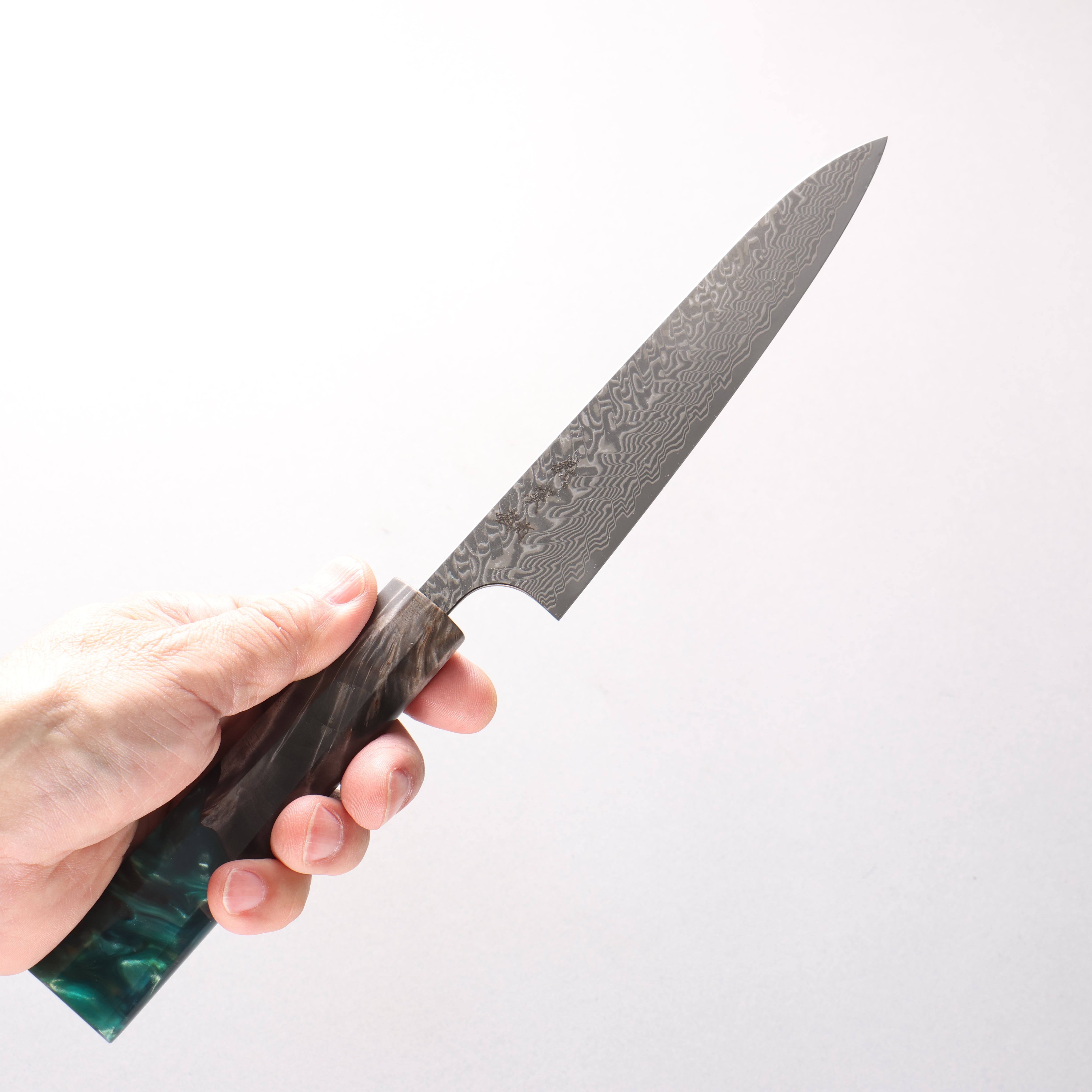 Yoshimi Kato SG2 Black Damascus Petty-Utility 150mm Stabilized Birch with Emerald Green Resin Handle