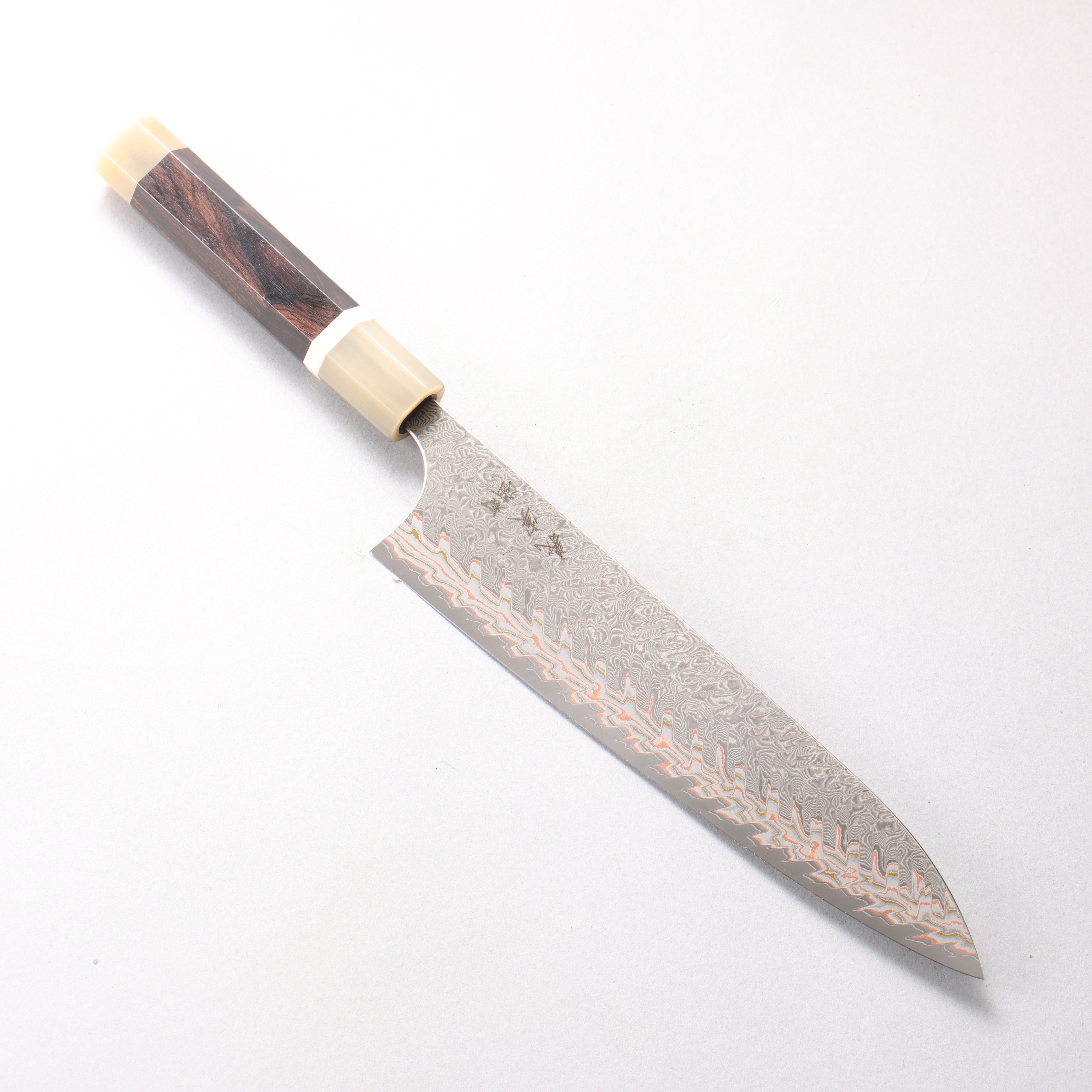 Yoshimi Kato VG10w Colored Damascus Gyuto 210mm African Rosewood (with Double White Buffalo Horn) Handle