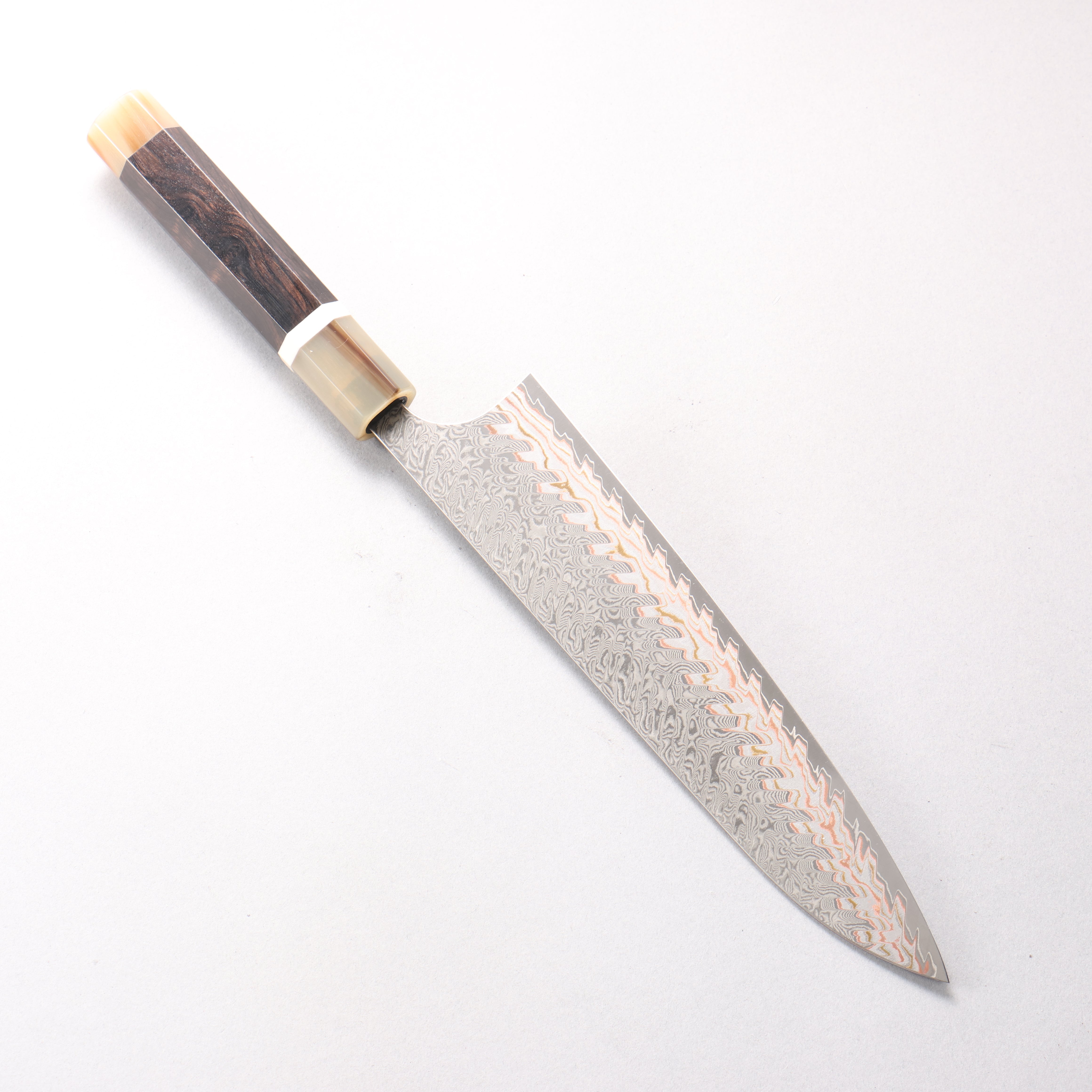 Yoshimi Kato VG10w Colored Damascus Gyuto 210mm African Rosewood (with Double White Buffalo Horn) Handle