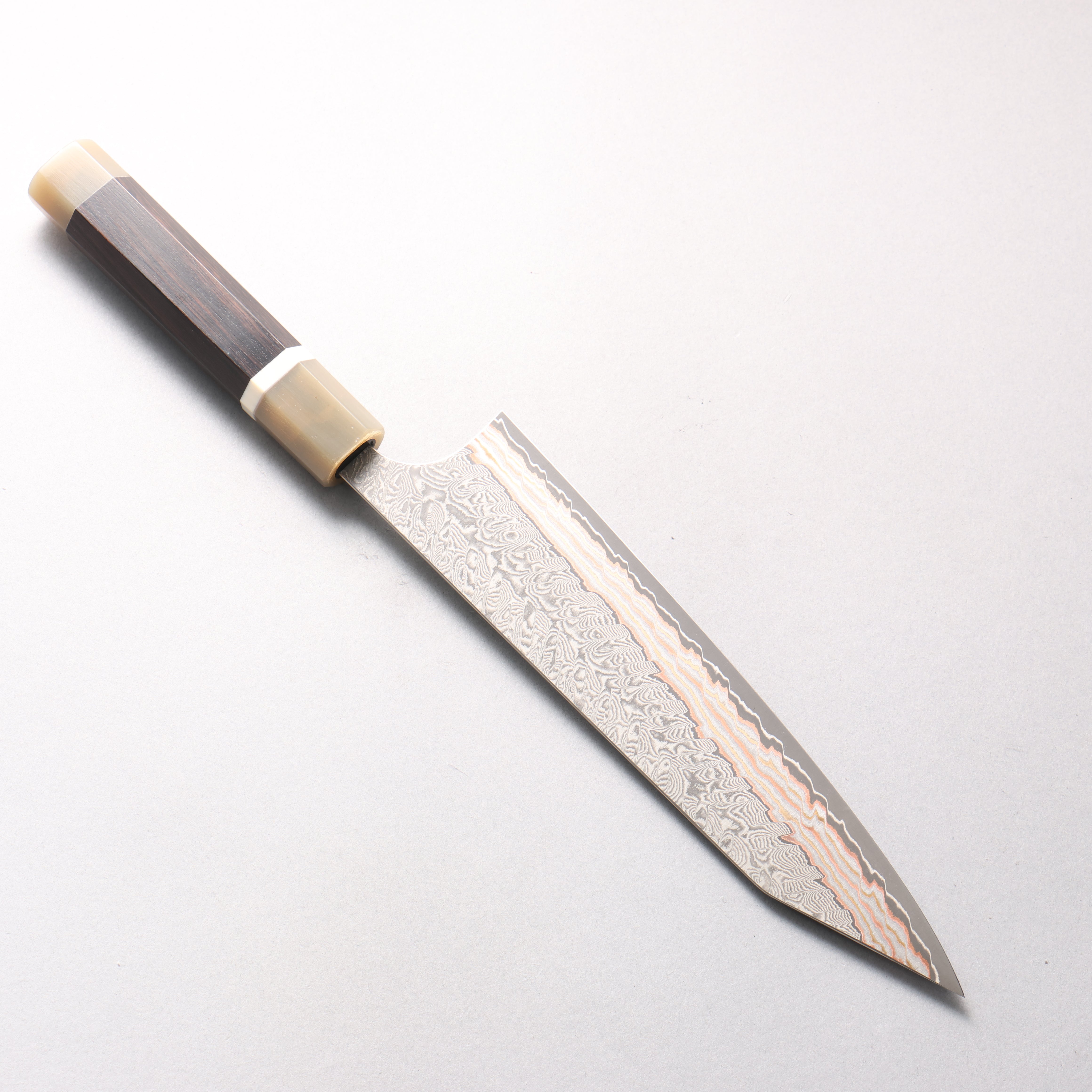 Yoshimi Kato VG10w Colored Damascus Kiritsuke Gyuto 210mm African Rosewood (with Double White Buffalo Horn) Handle