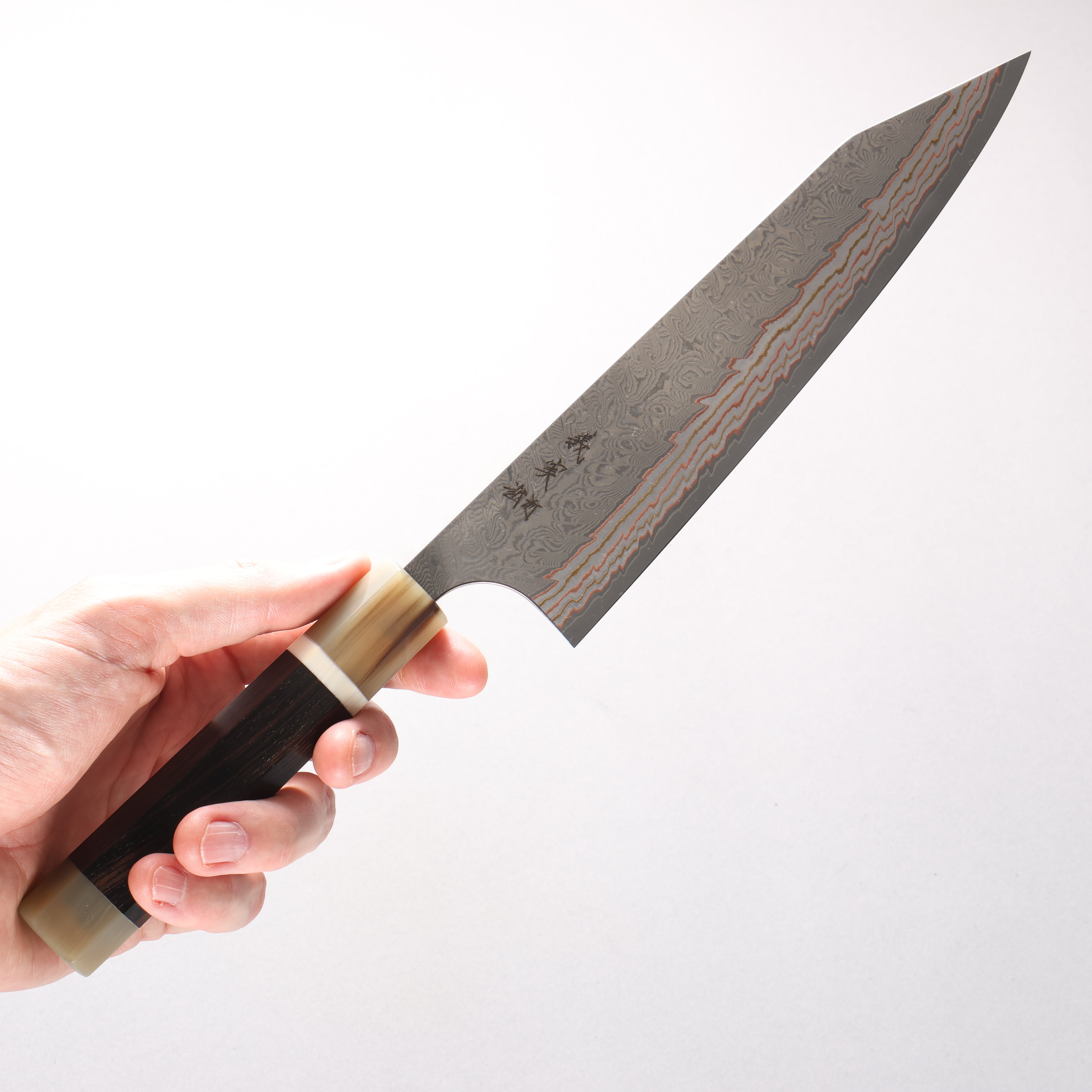 Yoshimi Kato VG10w Colored Damascus Kiritsuke Gyuto 210mm African Rosewood (with Double White Buffalo Horn) Handle