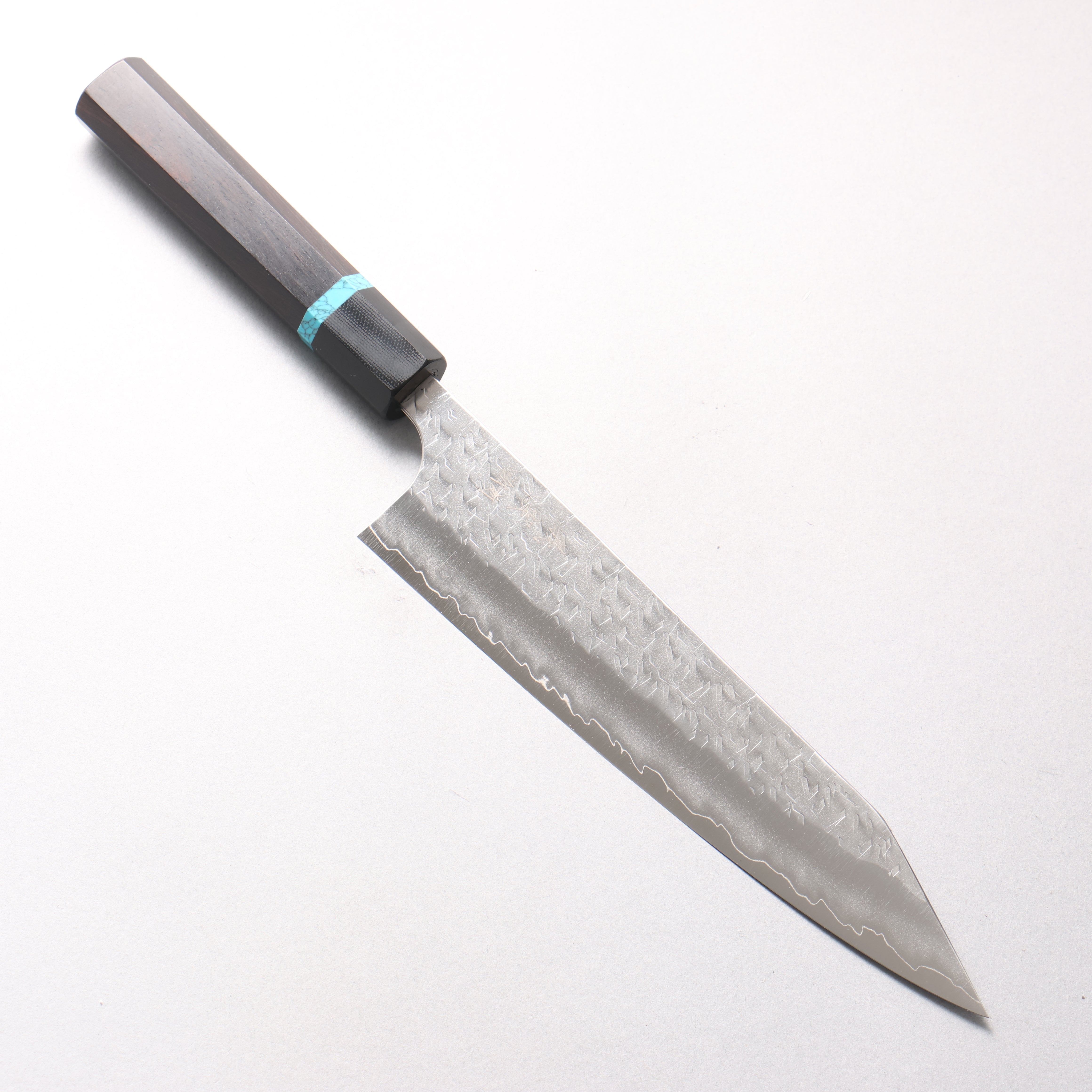 Yoshimi Kato Hyo SG2 Hammered Kiritsuke Gyuto 210mm African Rosewood with Blue Turquoise Ring (ferrule: G10) Handle