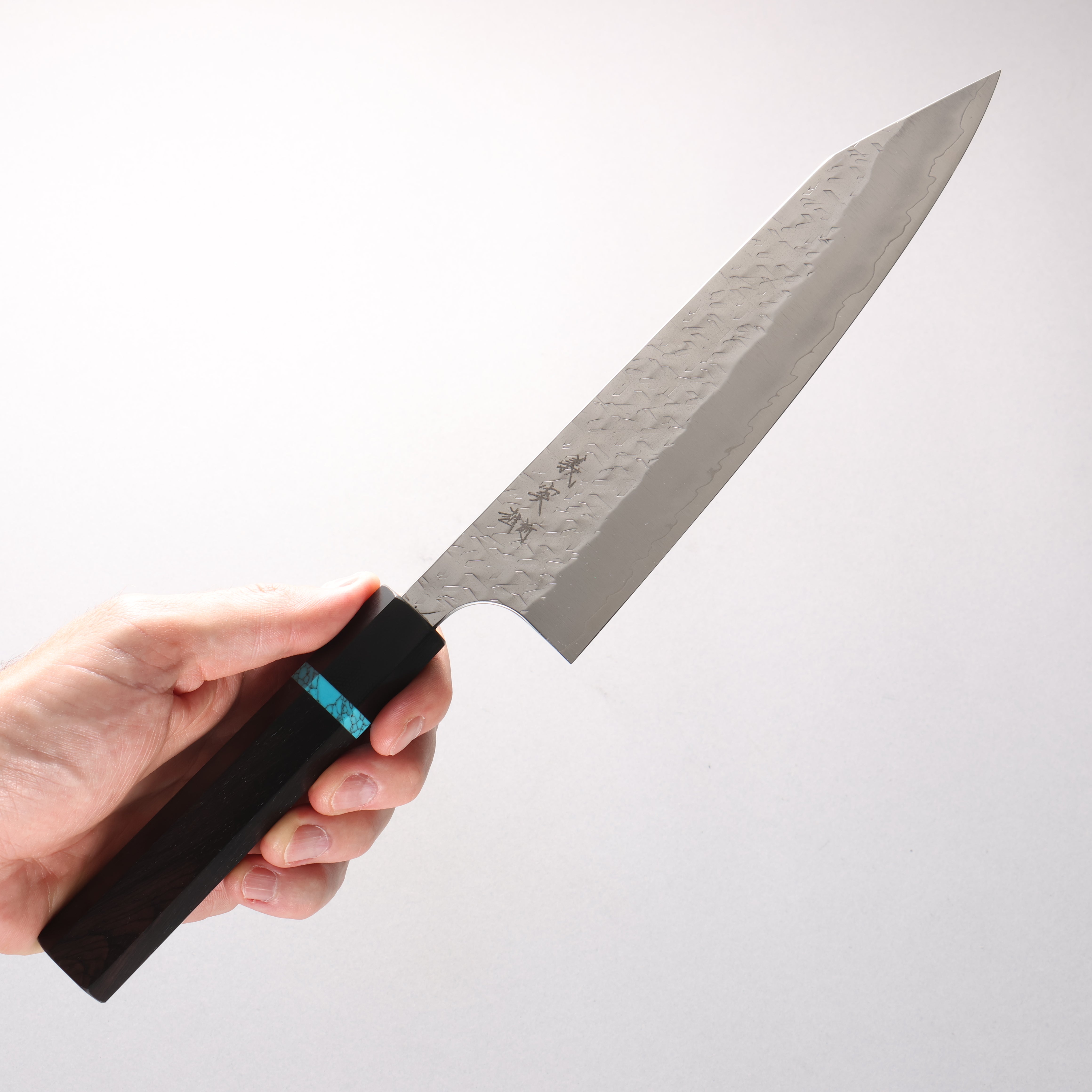 Yoshimi Kato Hyo SG2 Hammered Kiritsuke Gyuto 210mm African Rosewood with Blue Turquoise Ring (ferrule: G10) Handle