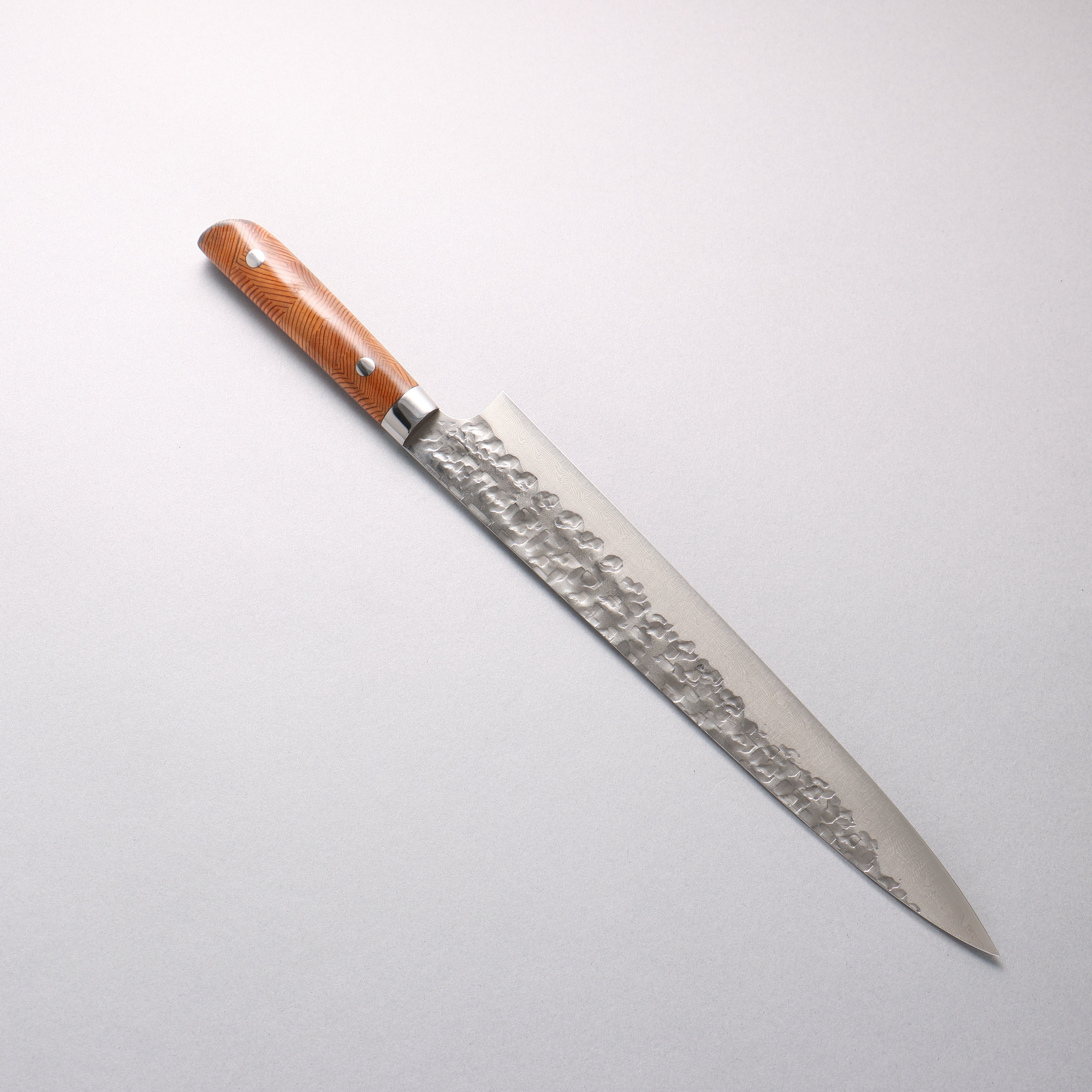 Takeshi Saji VG10 Hammered Damascus Cross Sujihiki 270mm Kumiko (Wood Mosaic) Handle