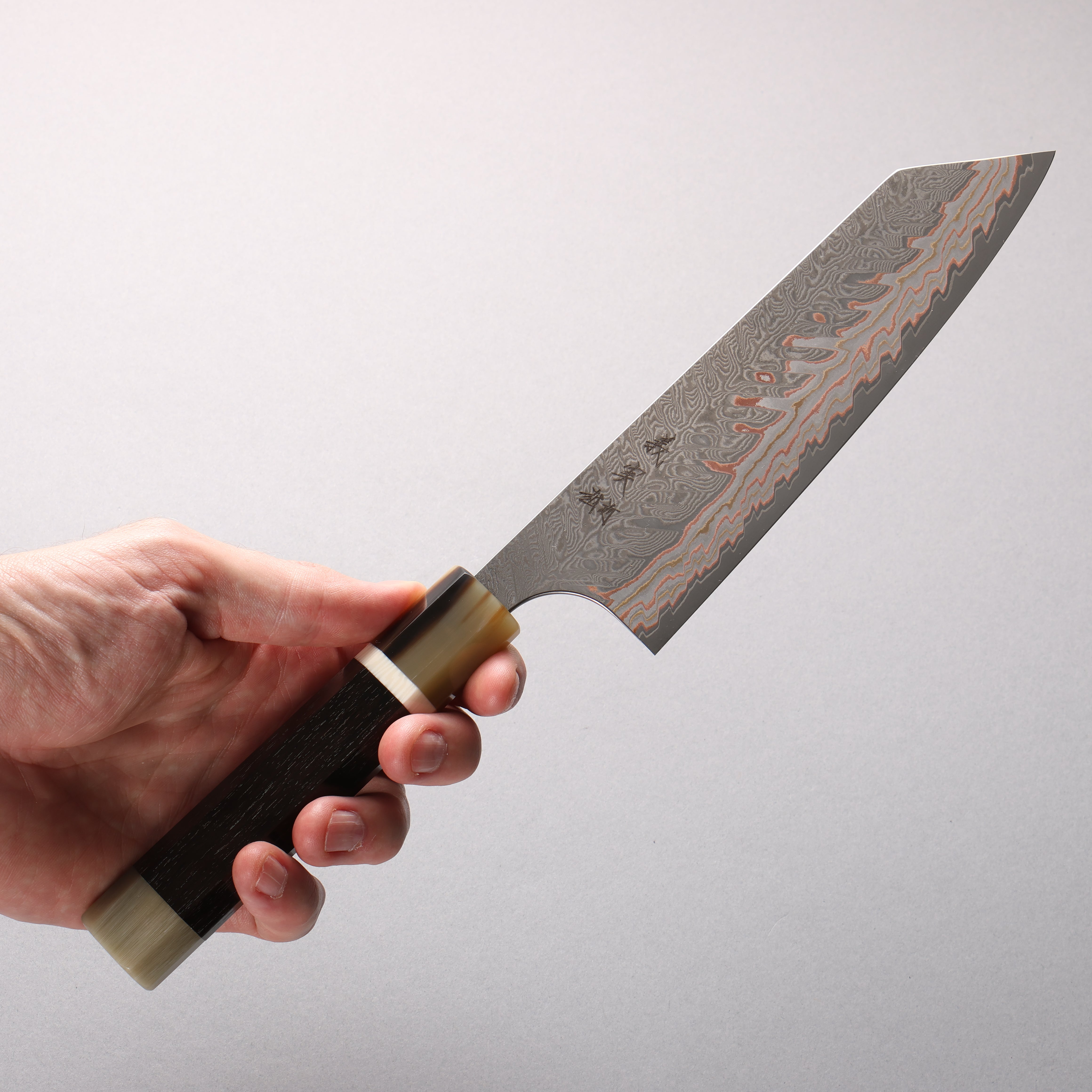 Yoshimi Kato VG10w Colored Damascus Bunka 170mm Ebony Wood (with Double White Buffalo Horn) Handle