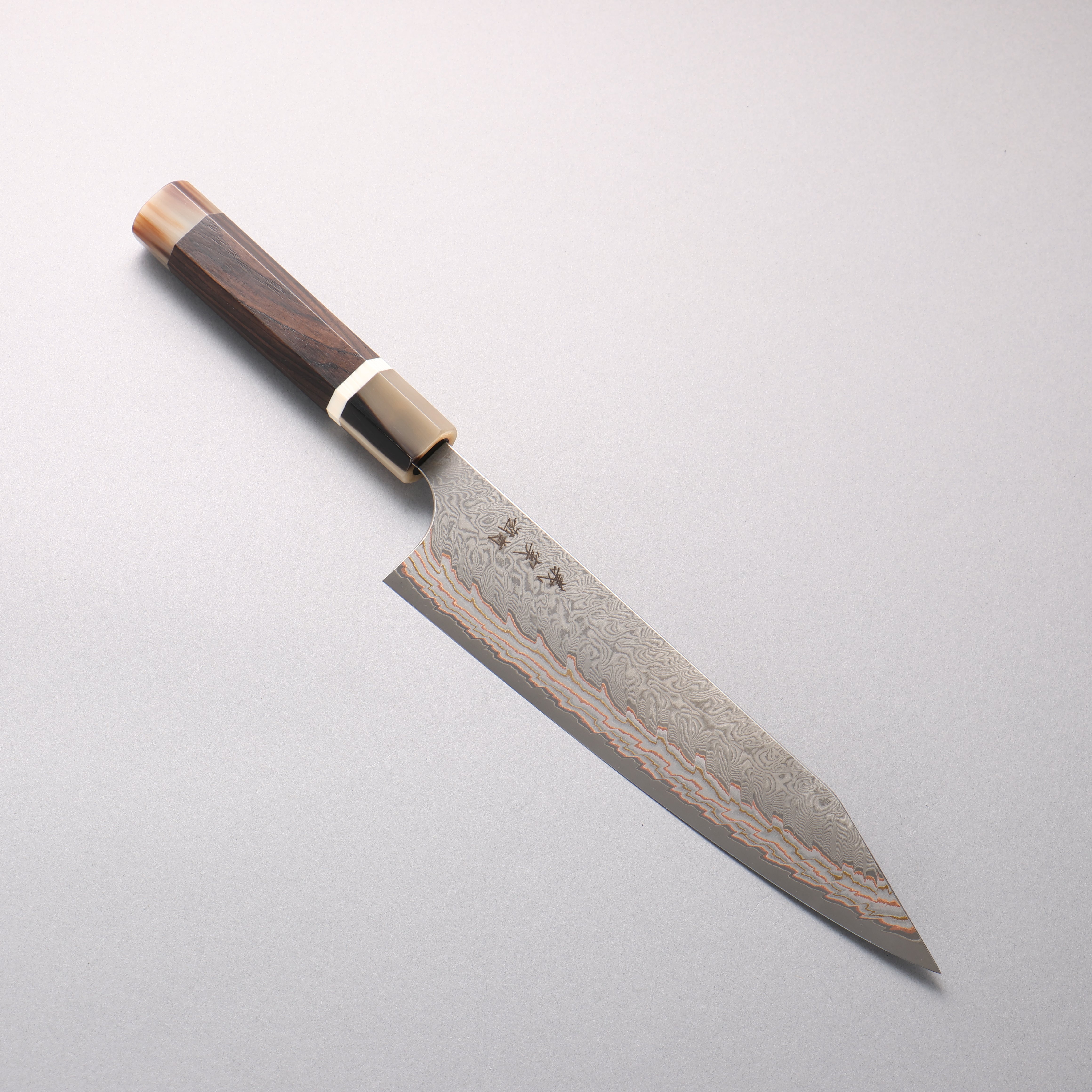 Yoshimi Kato VG10w Colored Damascus Kiritsuke Gyuto 210mm Ebony Wood (with Double White Buffalo Horn) Handle