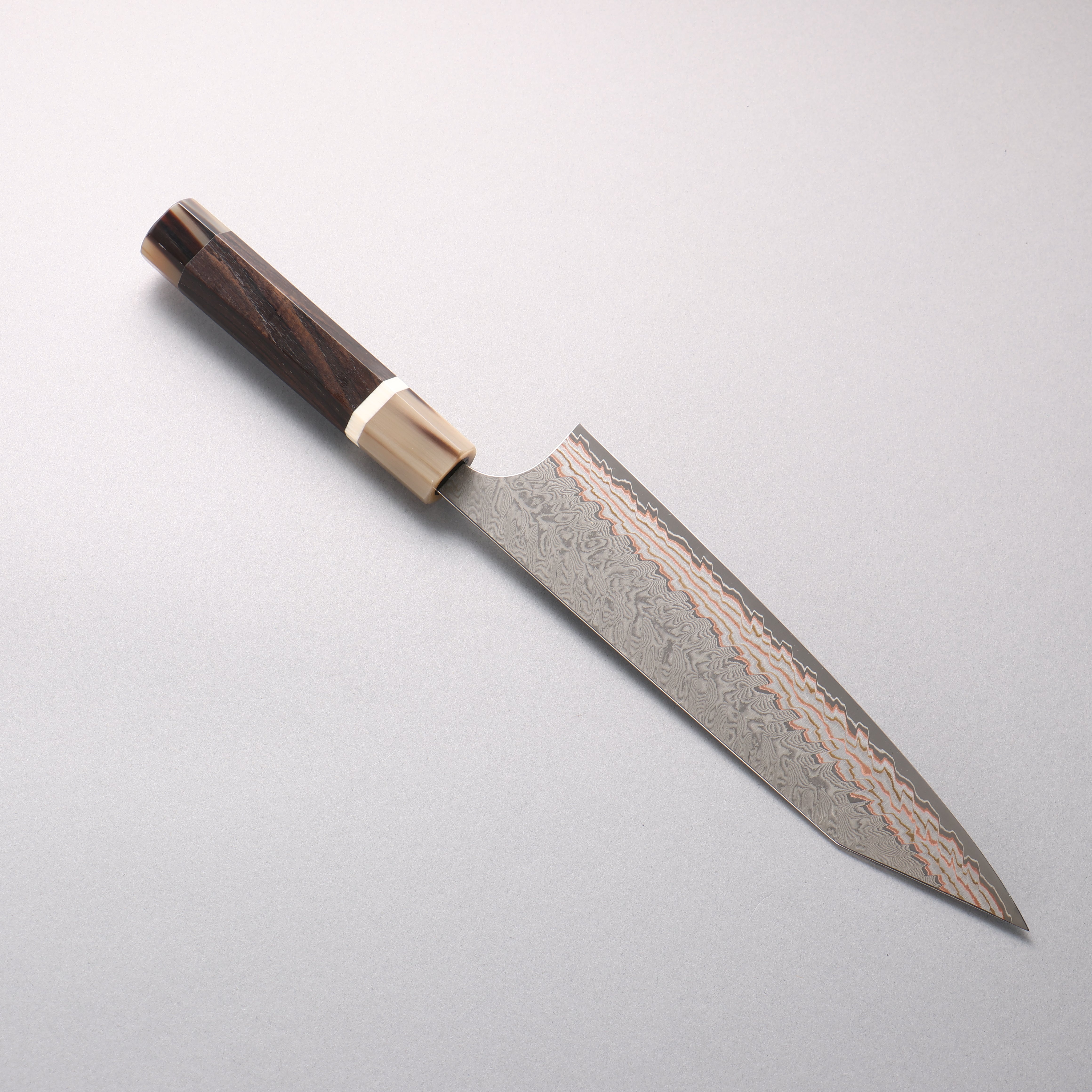 Yoshimi Kato VG10w Colored Damascus Kiritsuke Gyuto 210mm Ebony Wood (with Double White Buffalo Horn) Handle