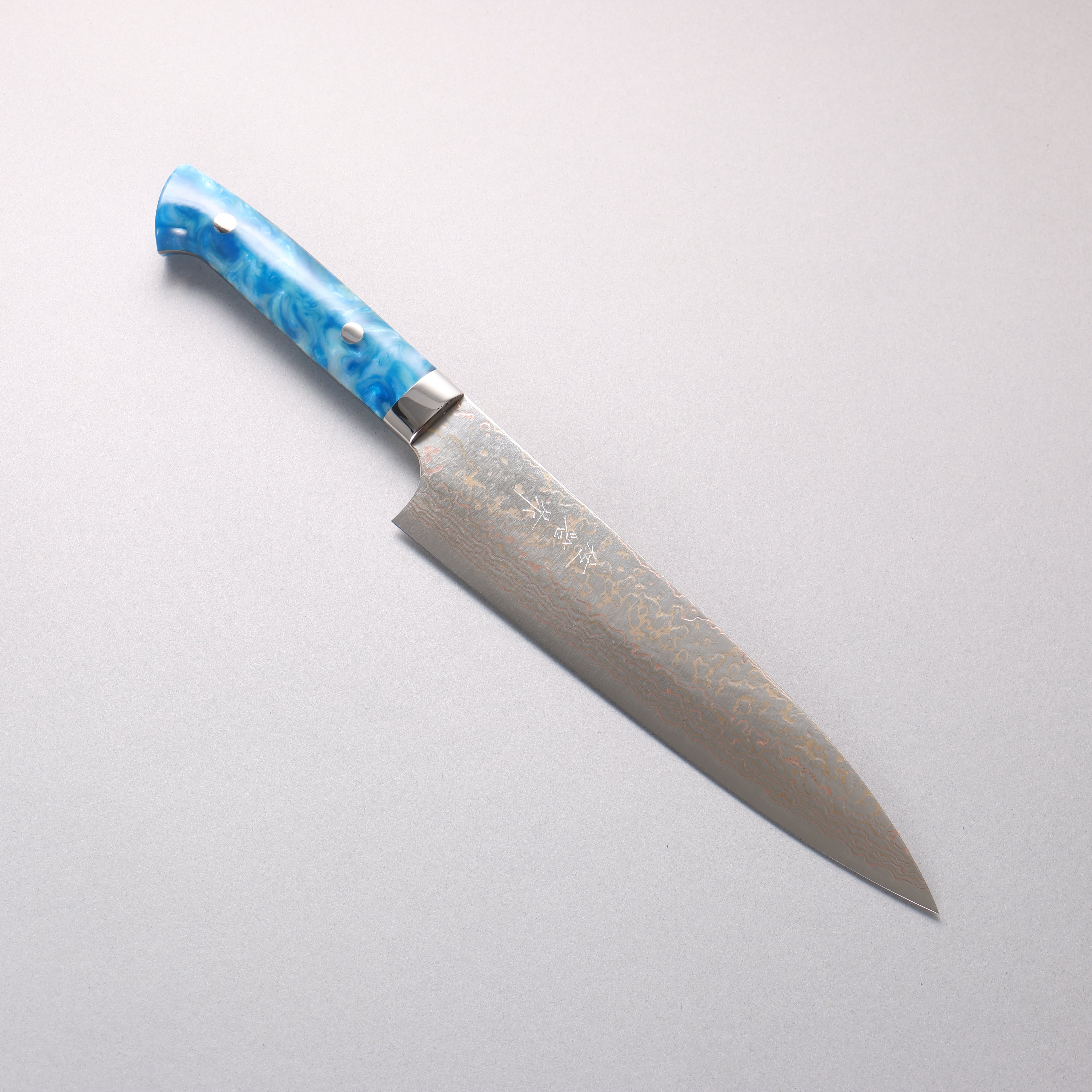 Takeshi Saji VG10w Colored Damascus Migaki Finished Gyuto 210mm Blue and White Acrylic Handle