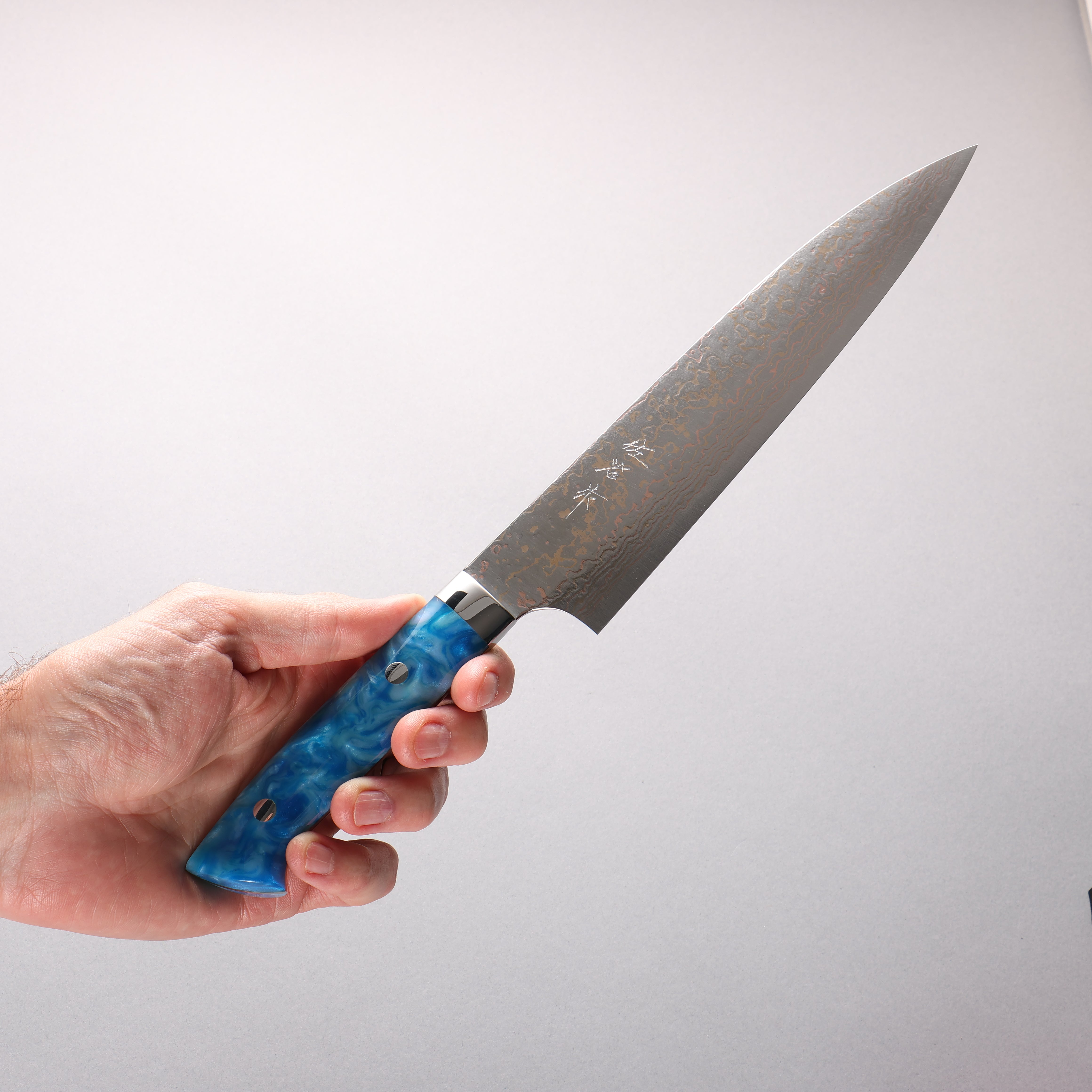 Takeshi Saji VG10w Colored Damascus Migaki Finished Gyuto 210mm Blue and White Acrylic Handle