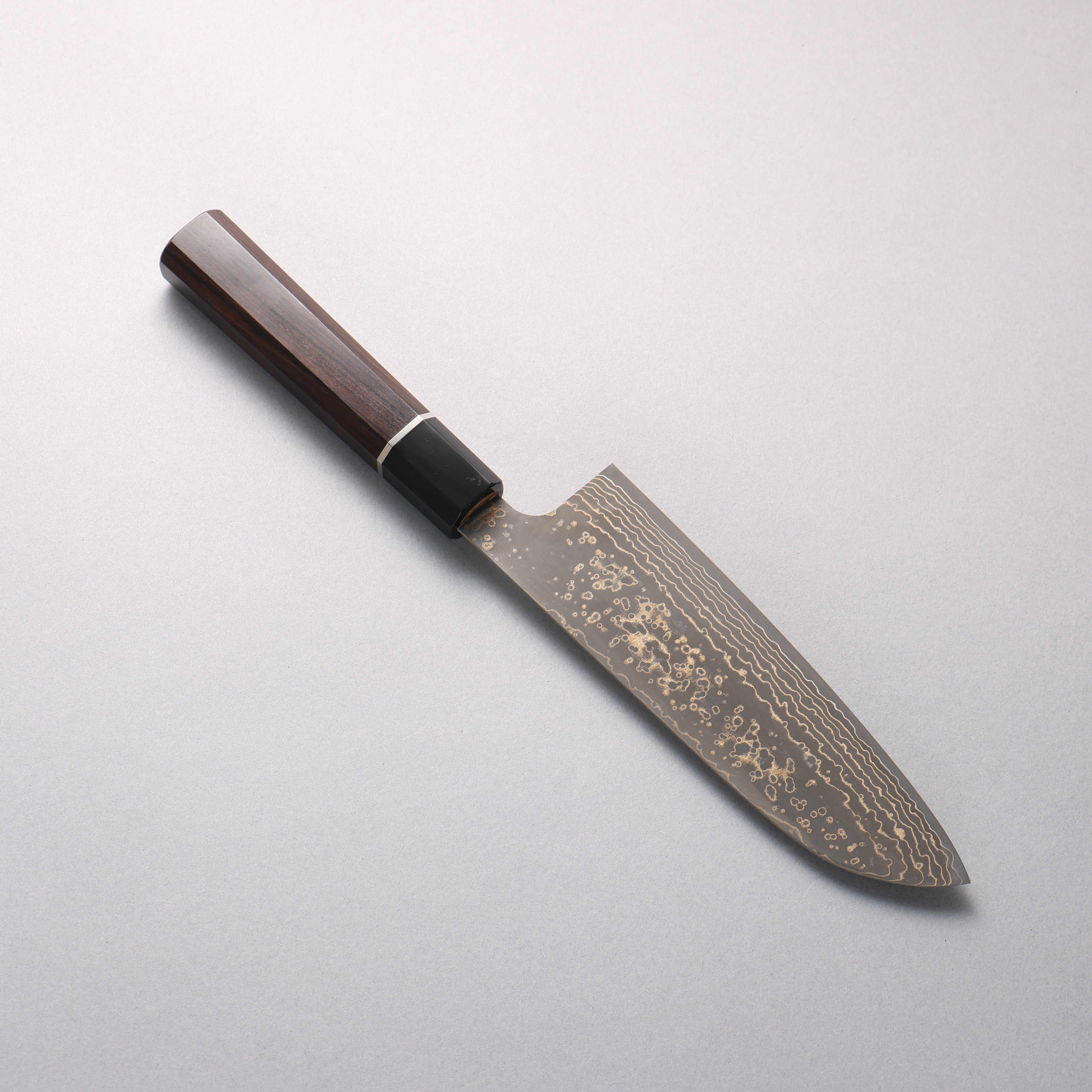 Takeshi Saji VG10w Colored Damascus Nashiji Santoku 180mm Ebony Wood (ferrule: Black Water Buffalo Horn And Silver Ring) Handle