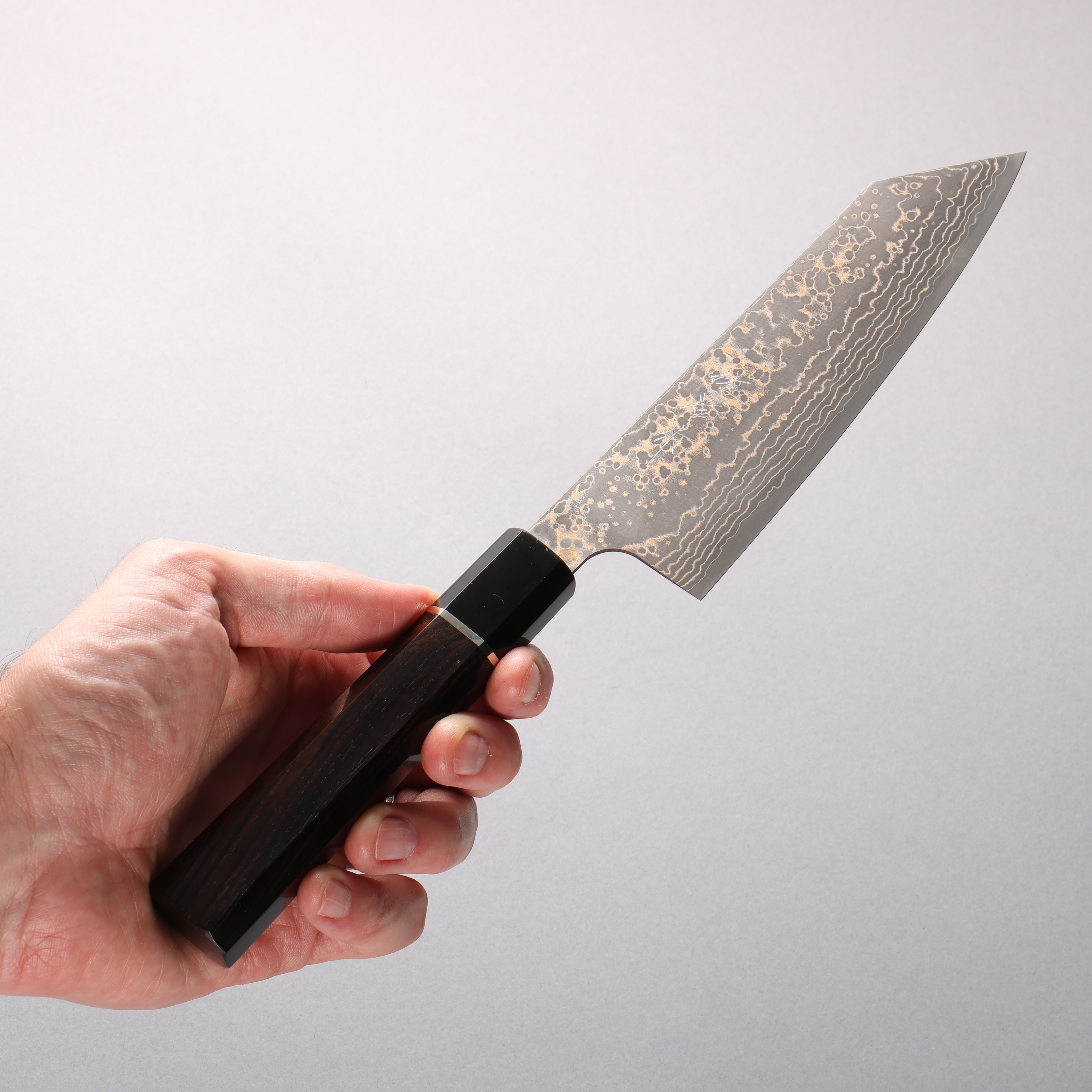 Takeshi Saji VG10w Colored Damascus Nashiji Bunka 180mm Ebony Wood (ferrule: Black Water Buffalo Horn And Silver Ring) Handle