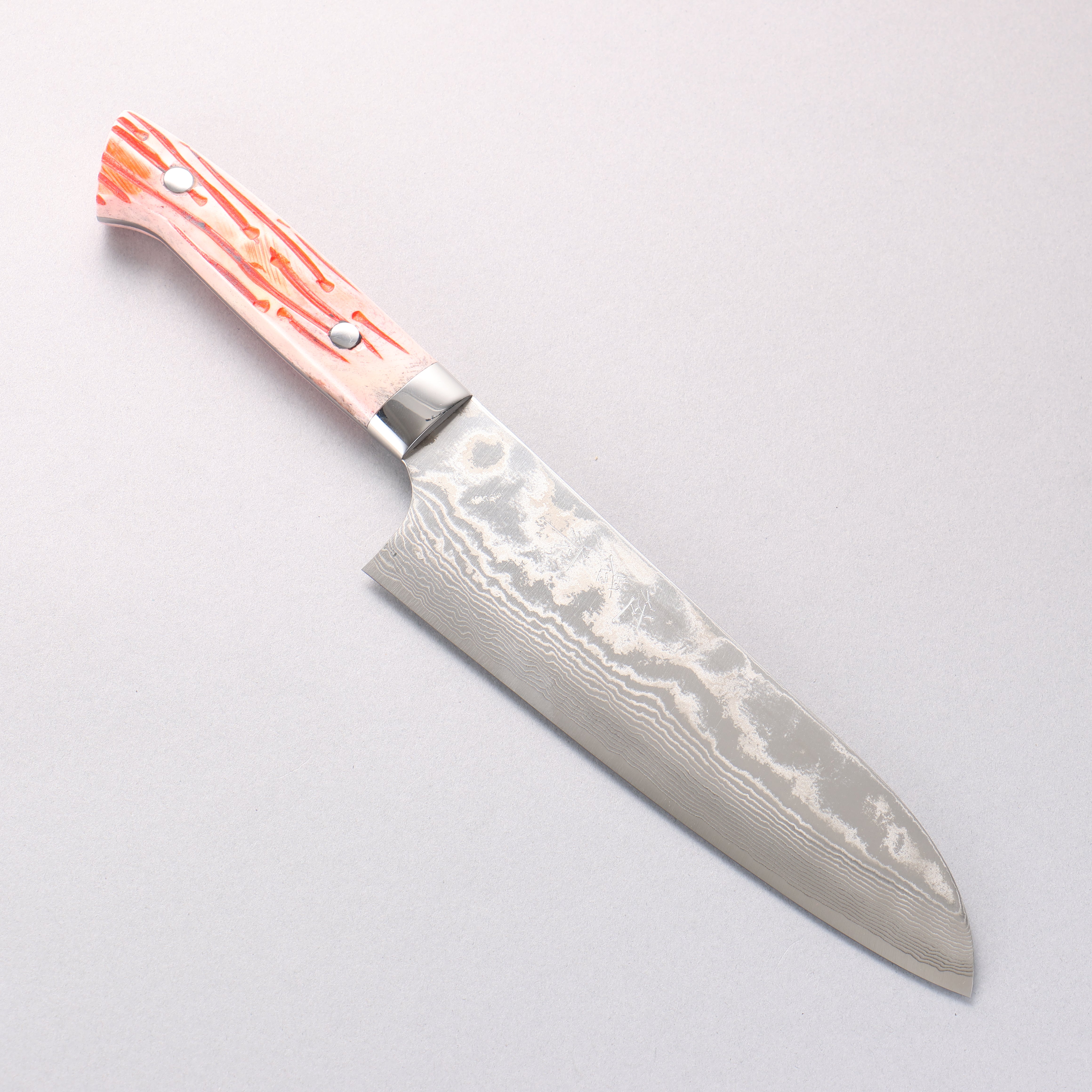 Takeshi Saji SPG STRIX Damascus Santoku 180mm Orange Cow Bone Handle