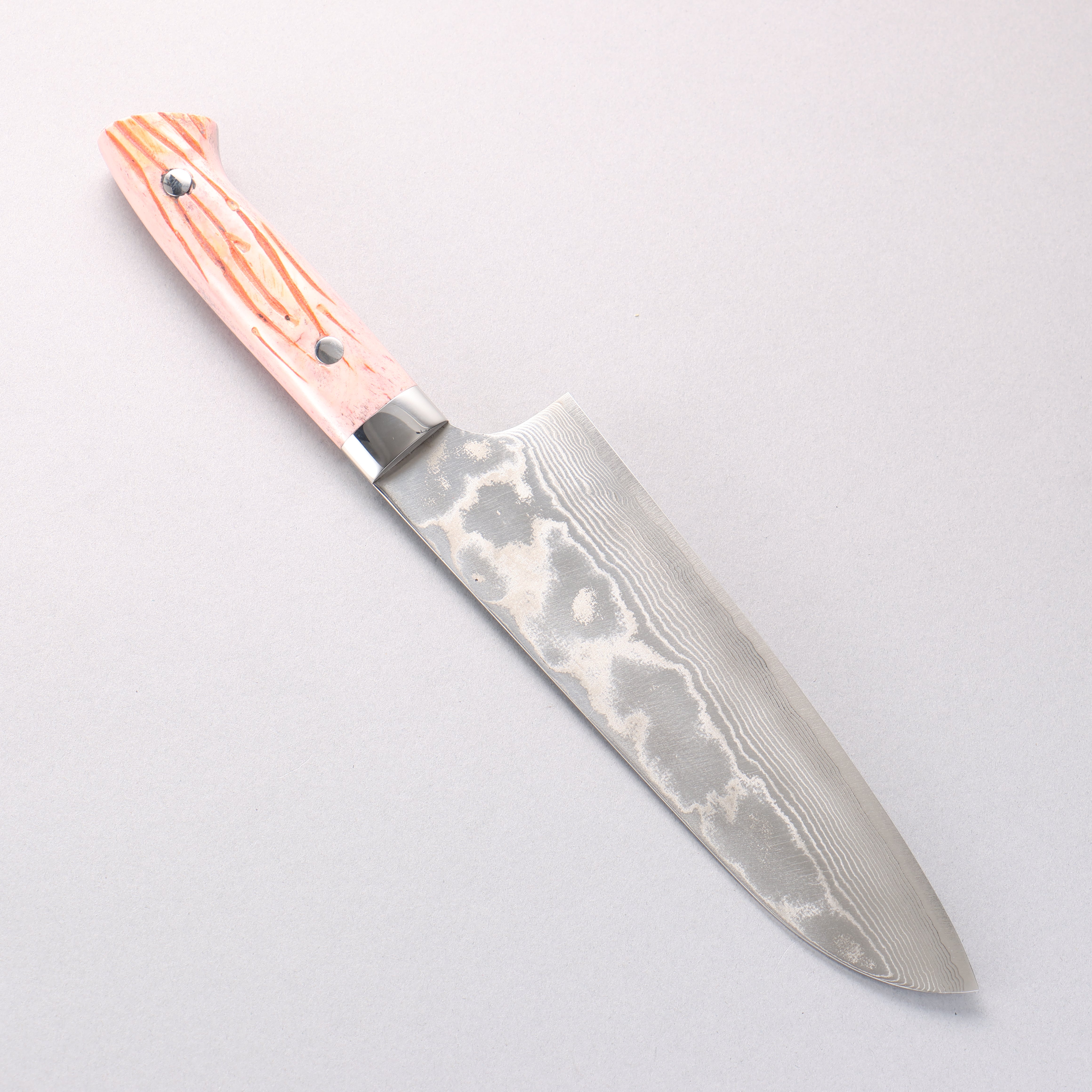 Takeshi Saji SPG STRIX Damascus Santoku 180mm Orange Cow Bone Handle