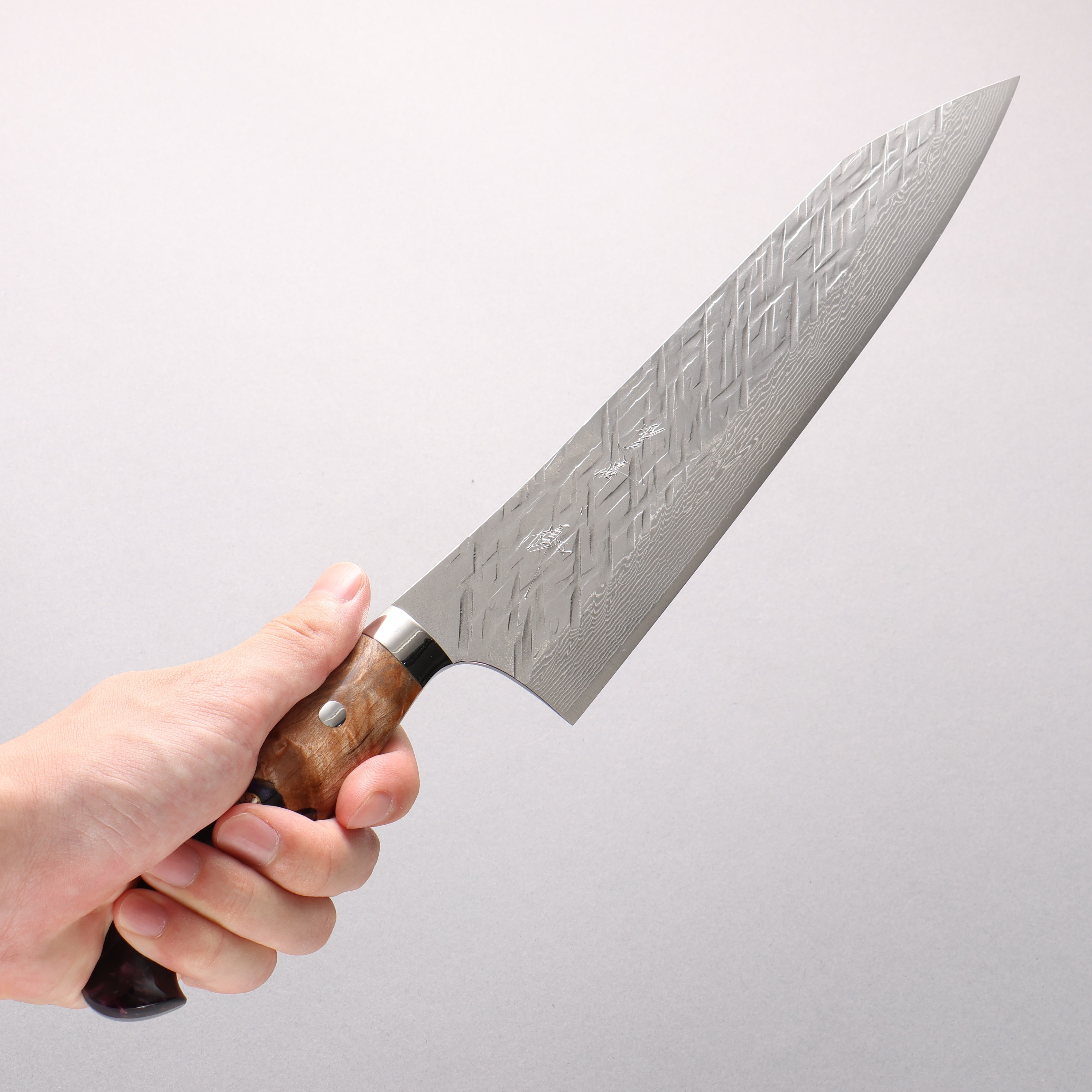 Yu Kurosaki Raijin SG2 Hammered Damascus Gyuto 240mm Olive Wood & Purple Resin Handle - Seisuke Knife