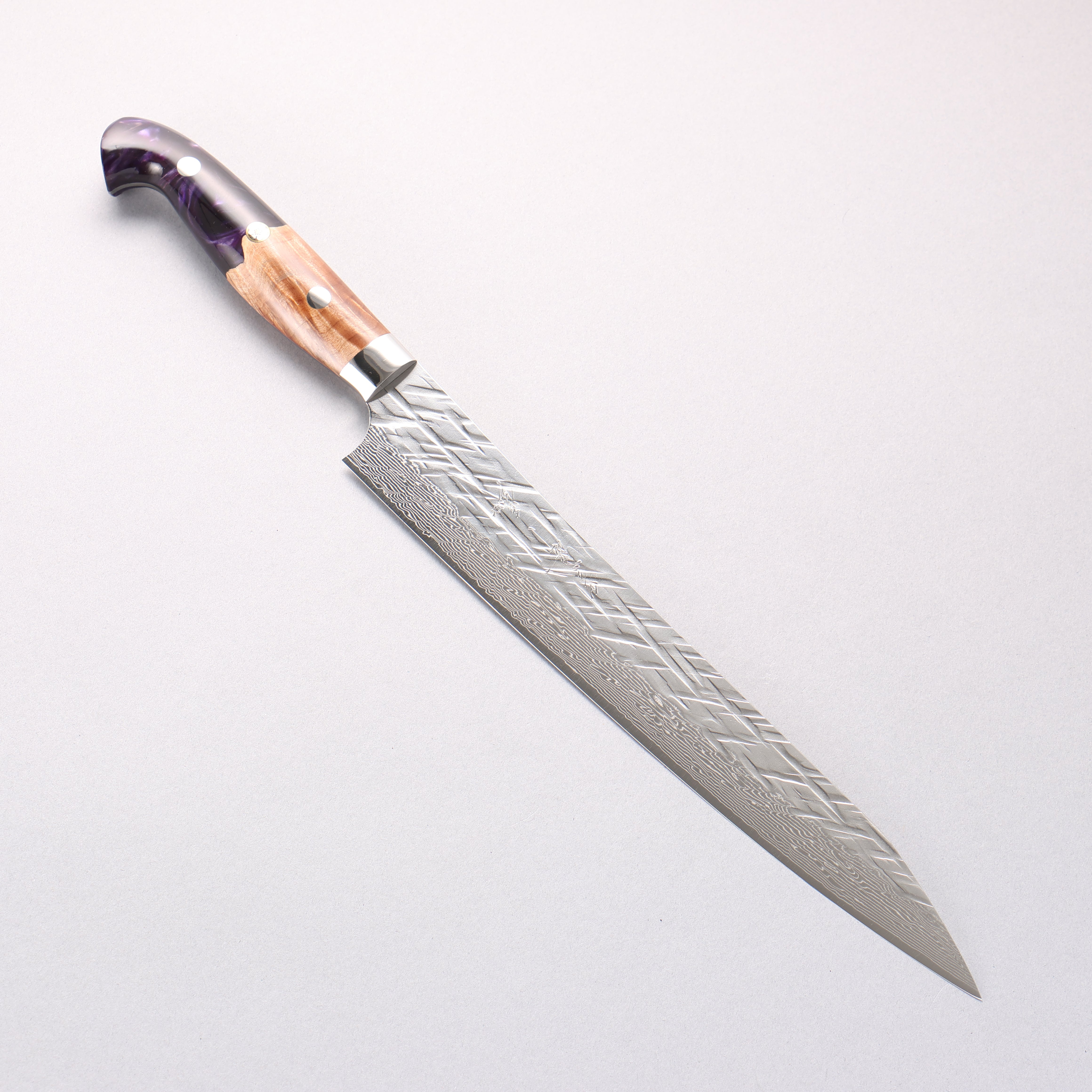 Yu Kurosaki Raijin SG2 Hammered Damascus Sujihiki 240mm Olive Wood & Purple Resin Handle