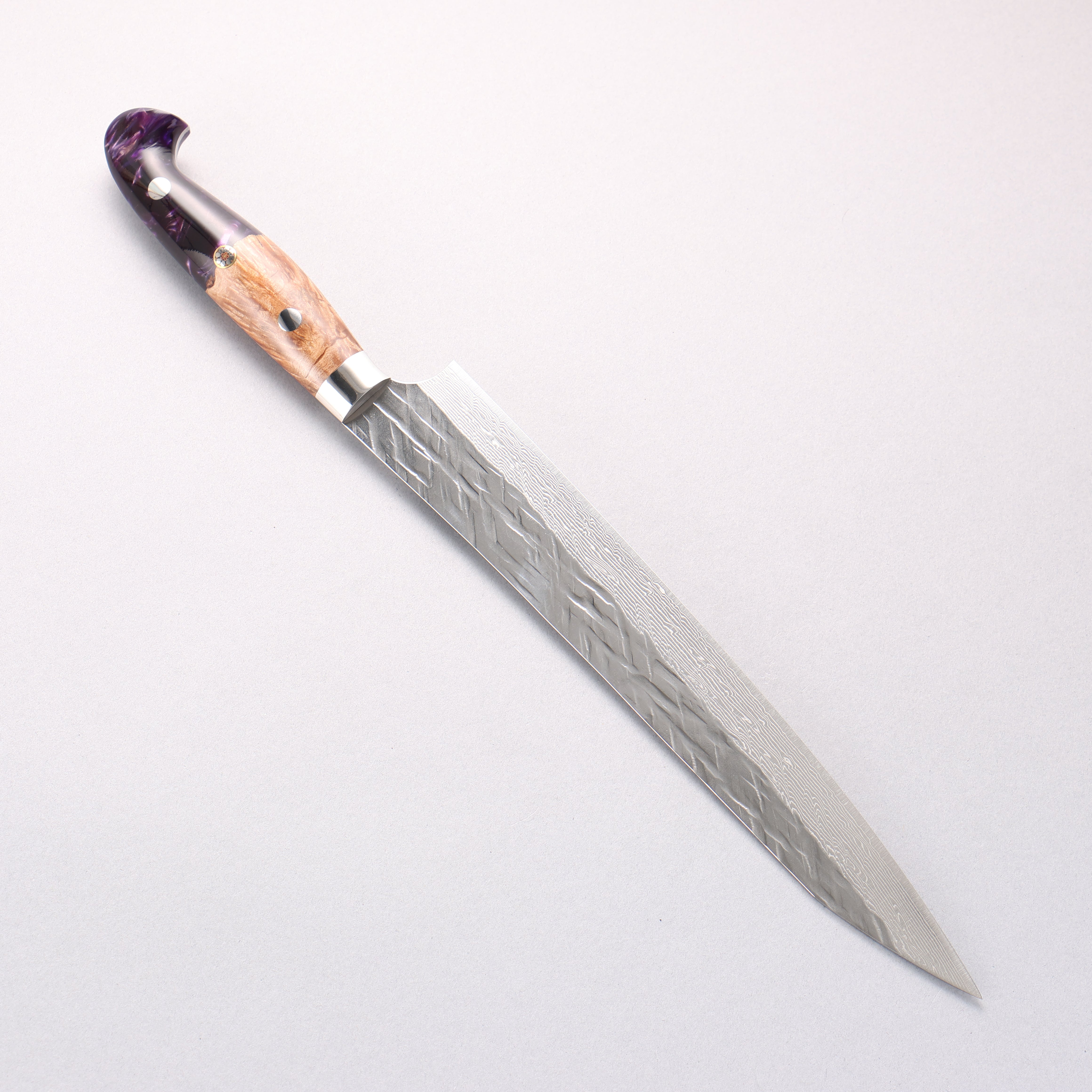Yu Kurosaki Raijin SG2 Hammered Damascus Sujihiki 240mm Olive Wood & Purple Resin Handle - Seisuke Knife