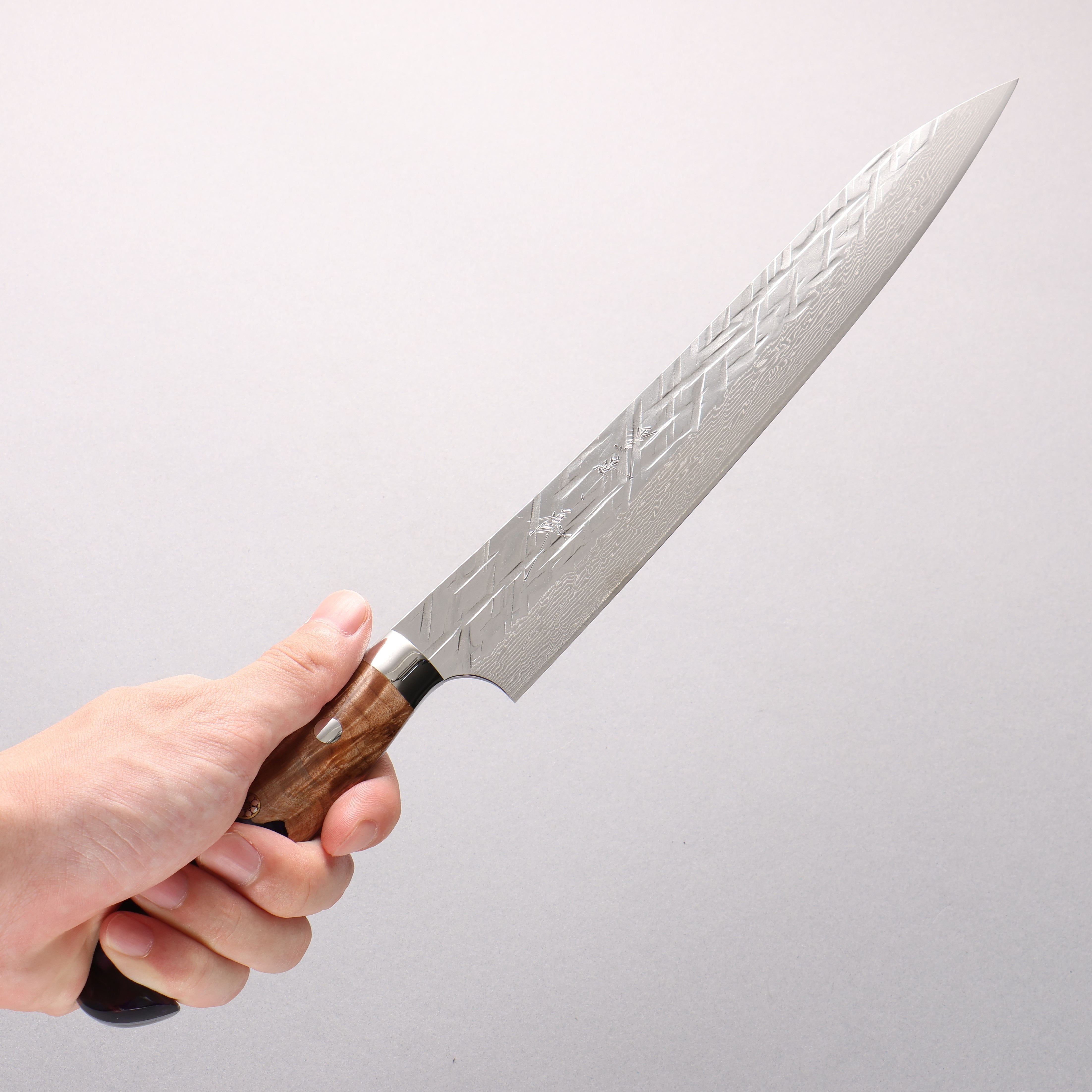 Yu Kurosaki Raijin SG2 Hammered Damascus Sujihiki 240mm Olive Wood & Purple Resin Handle - Seisuke Knife