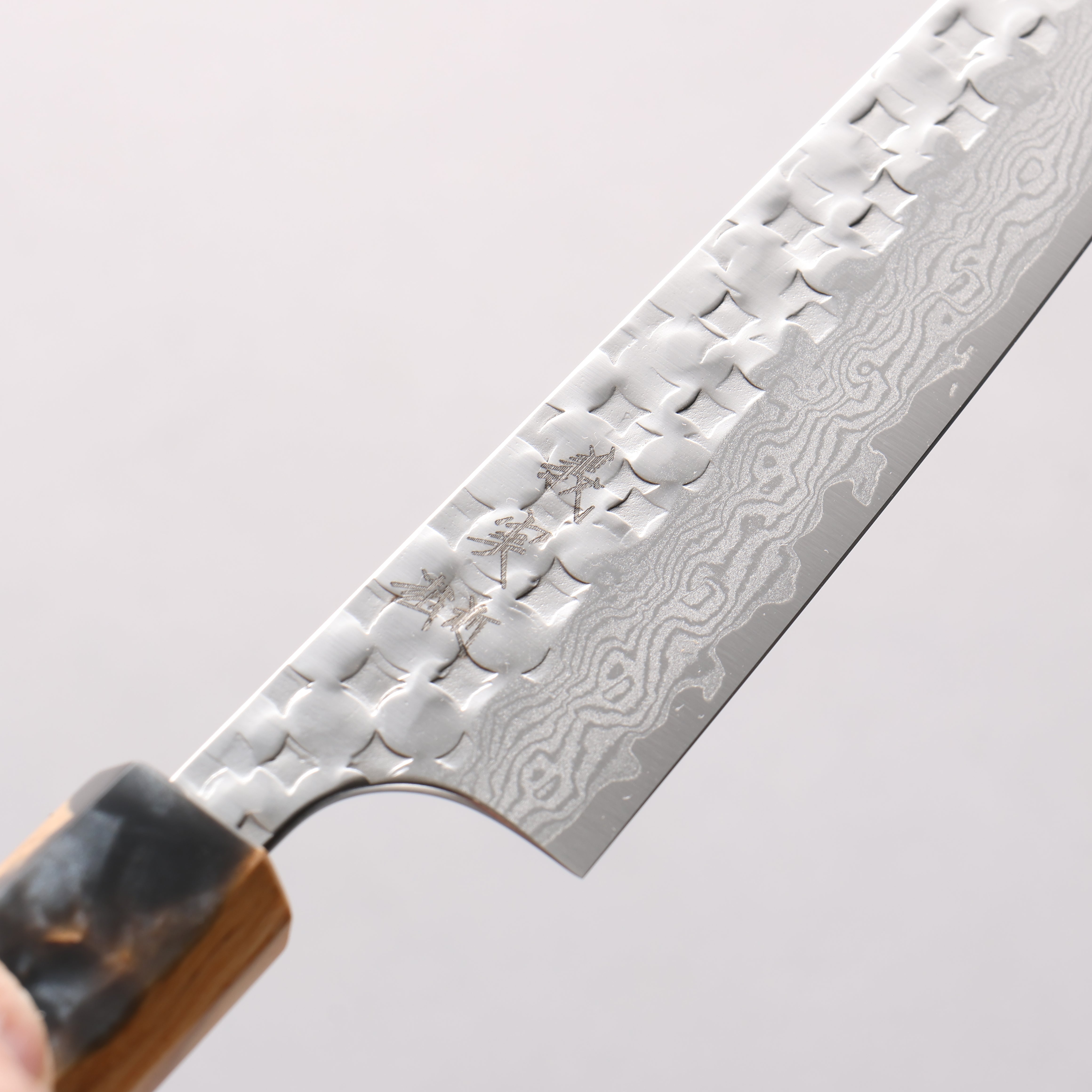 Yoshimi Kato Minamo II VG-XEOS Hammered Damascus Kiritsuke Petty-Utility 150mm Black Stabilized Wood (White Turquoise Ring) Handle