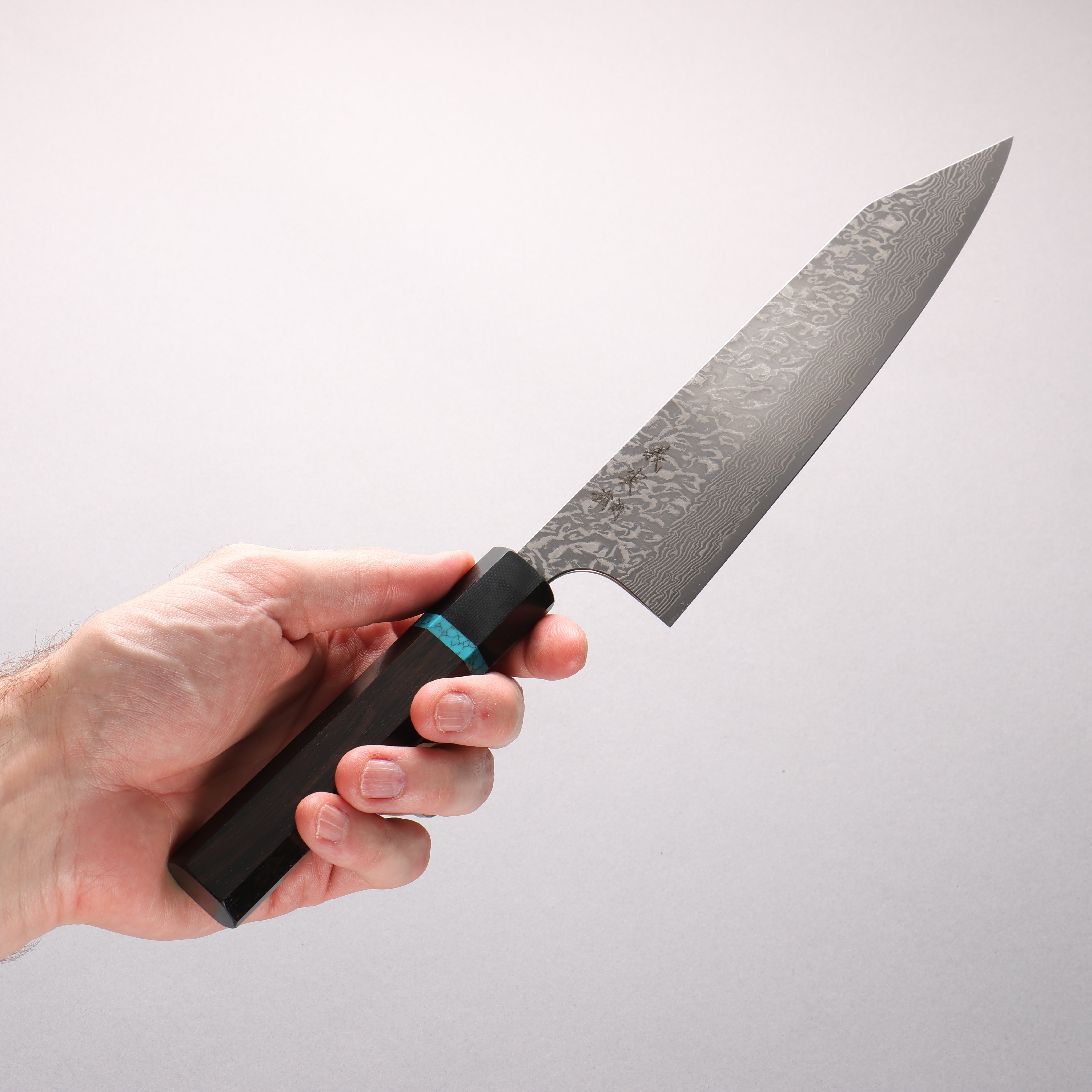 Yoshimi Kato VG10 Black Damascus Kiritsuke Gyuto 210mm African Rosewood with Blue Turquoise Ring (ferrule: G10) Handle