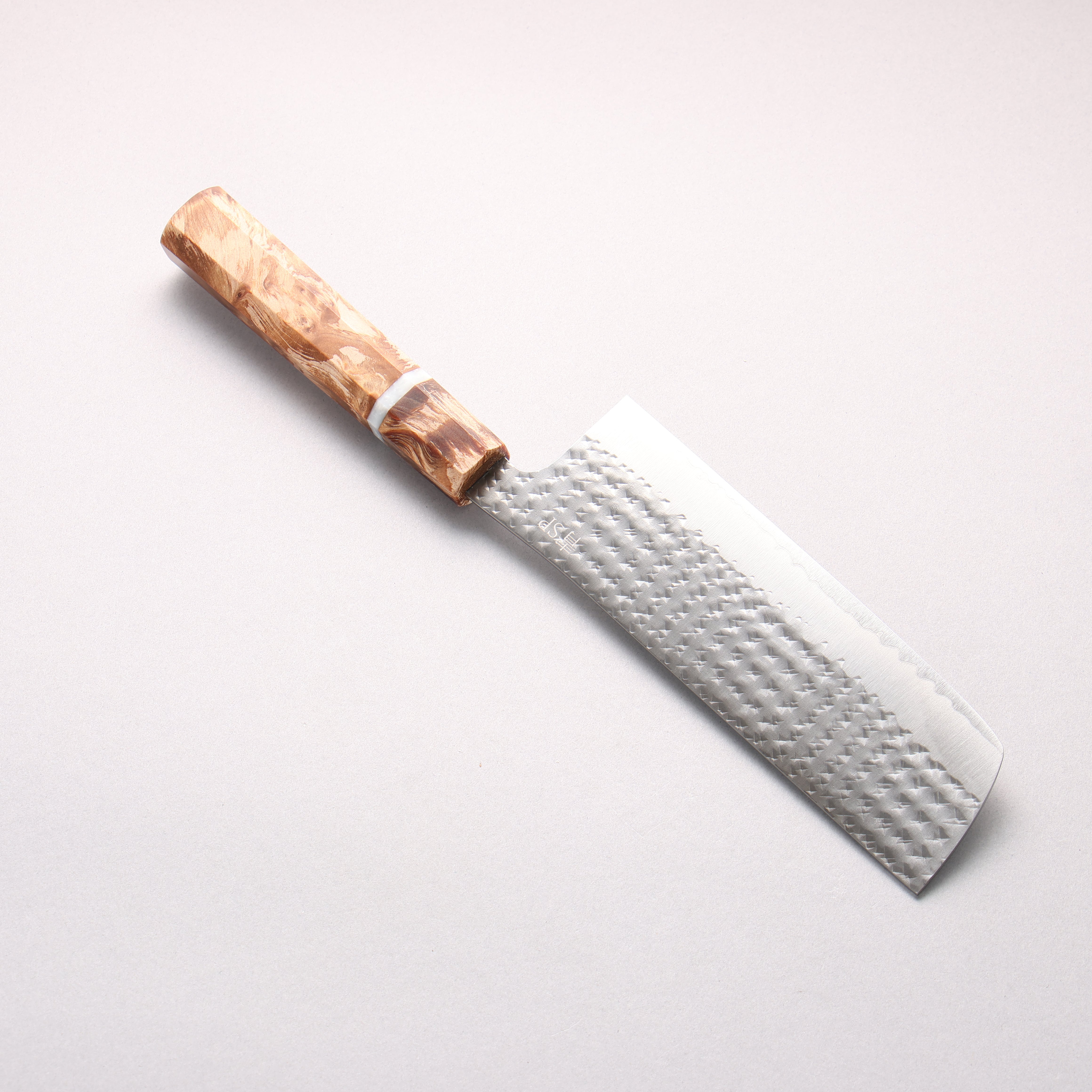Yu Kurosaki Kokusen Blue Super Hammered Nakiri 165mm Brown Stabilized Wood (White Ring) Handle