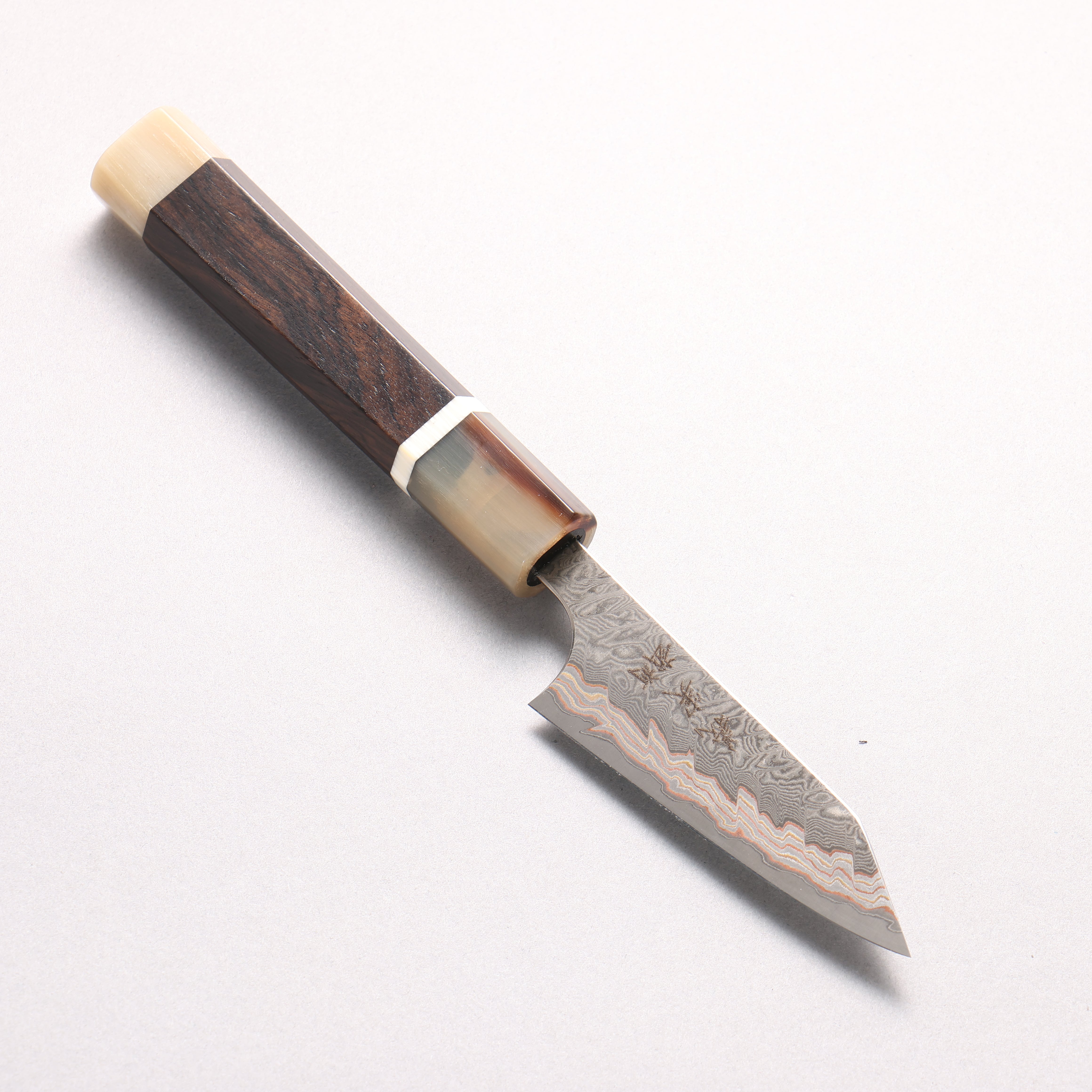 Yoshimi Kato VG10w Colored Damascus Kiritsuke Petty-Utility 80mm African Rosewood (with Double White Buffalo Horn) Handle