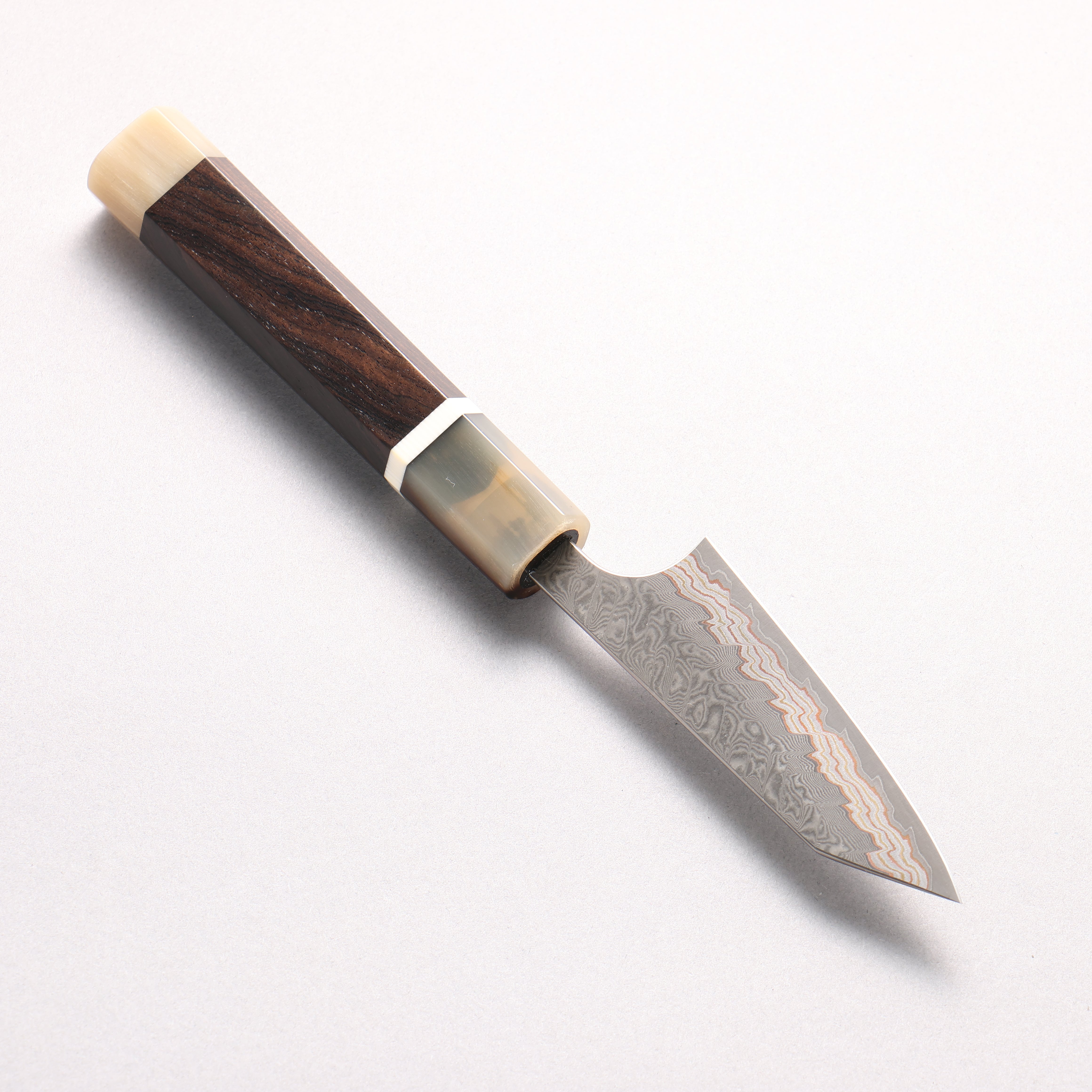 Yoshimi Kato VG10w Colored Damascus Kiritsuke Petty-Utility 80mm African Rosewood (with Double White Buffalo Horn) Handle