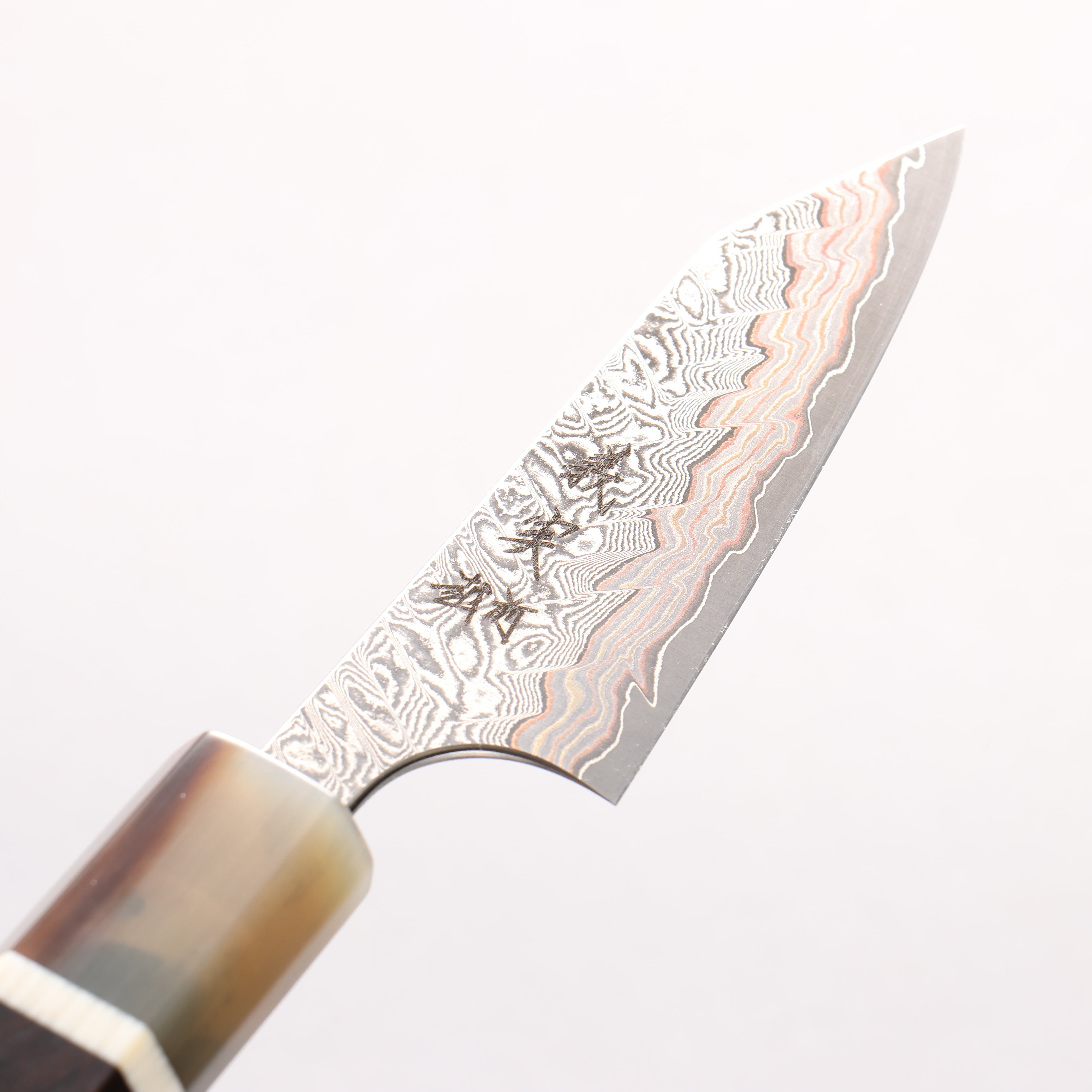 Yoshimi Kato VG10w Colored Damascus Kiritsuke Petty-Utility 80mm African Rosewood (with Double White Buffalo Horn) Handle