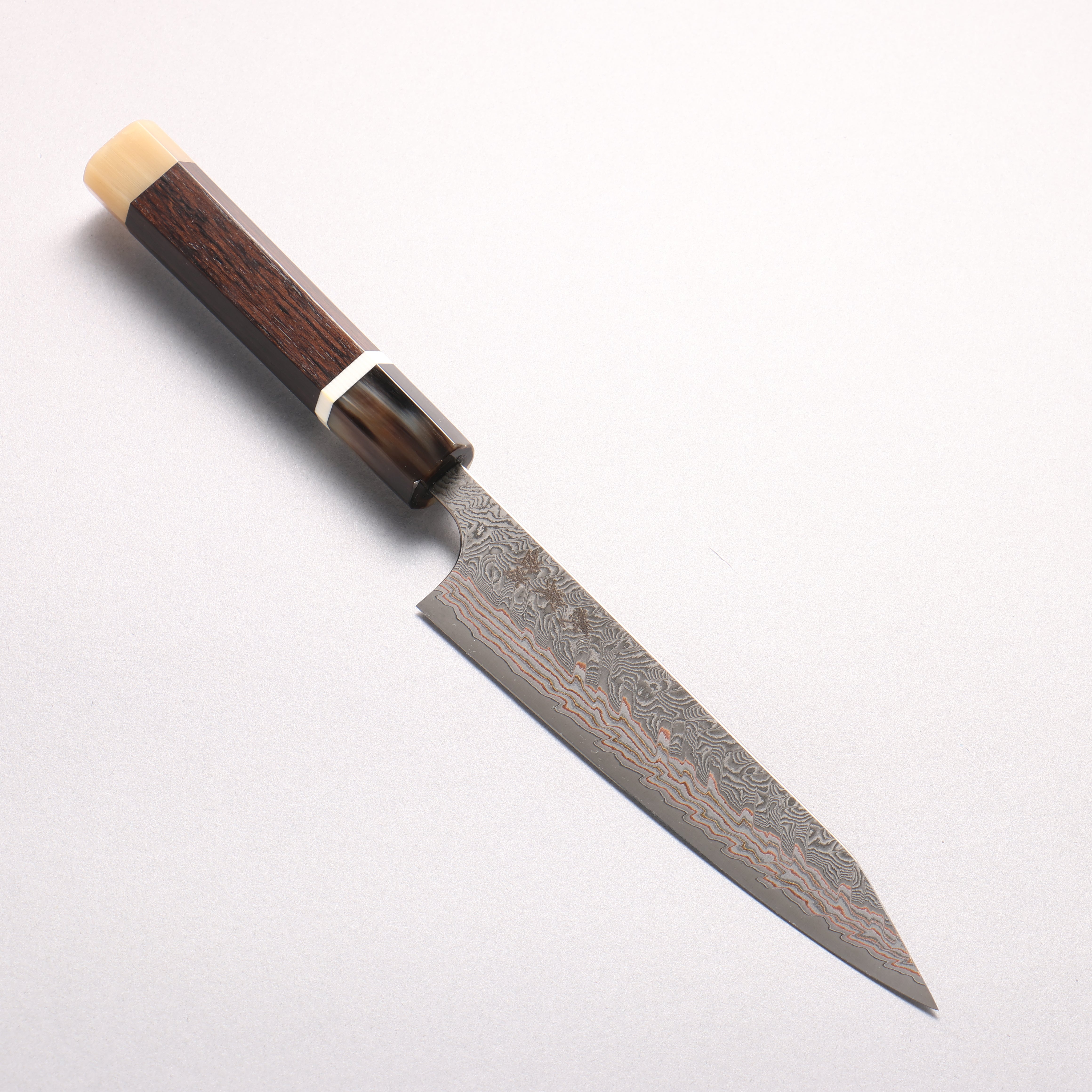 Yoshimi Kato VG10w Colored Damascus Kiritsuke Petty-Utility 150mm African Rosewood (with Double White Buffalo Horn) Handle