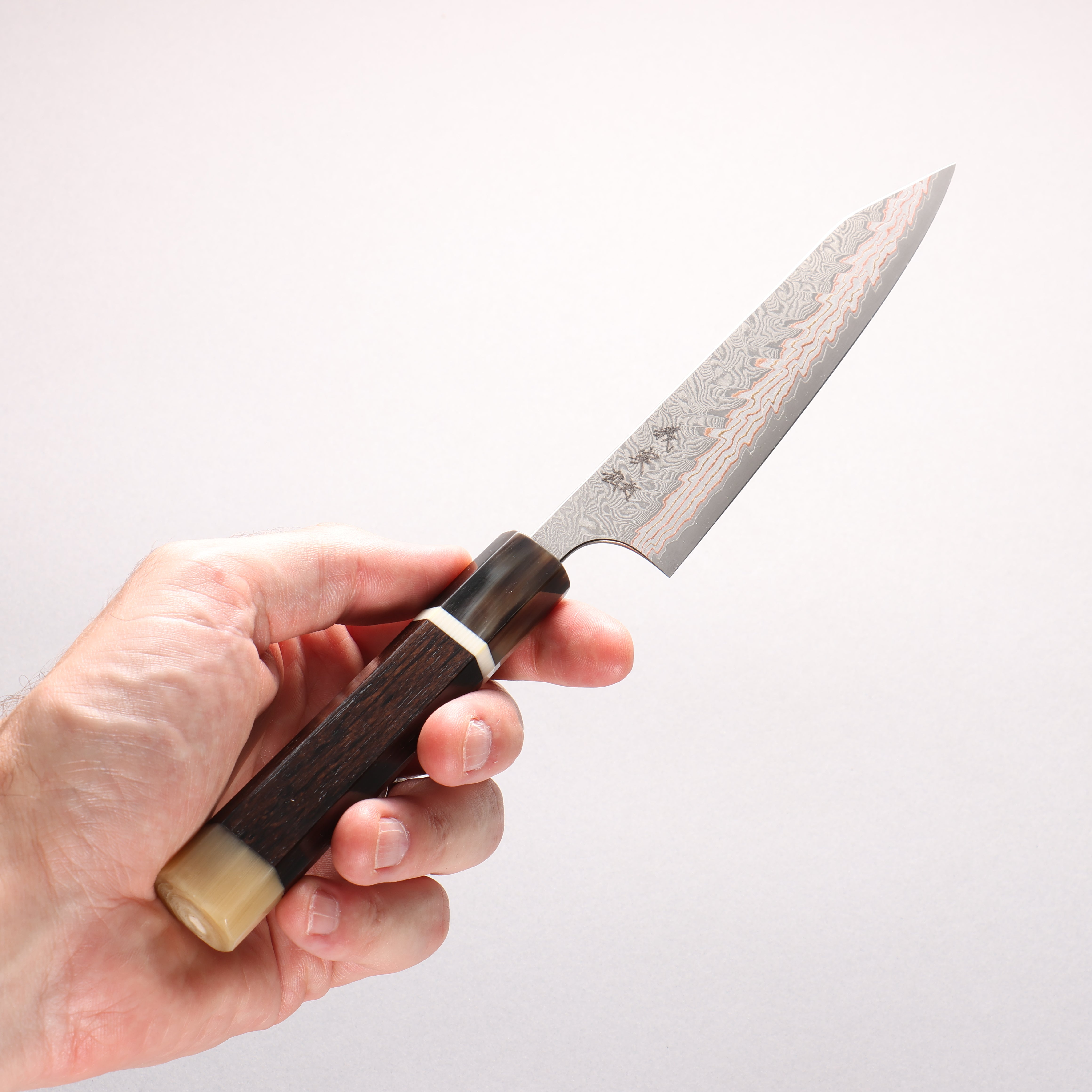 Yoshimi Kato VG10w Colored Damascus Kiritsuke Petty-Utility 150mm African Rosewood (with Double White Buffalo Horn) Handle