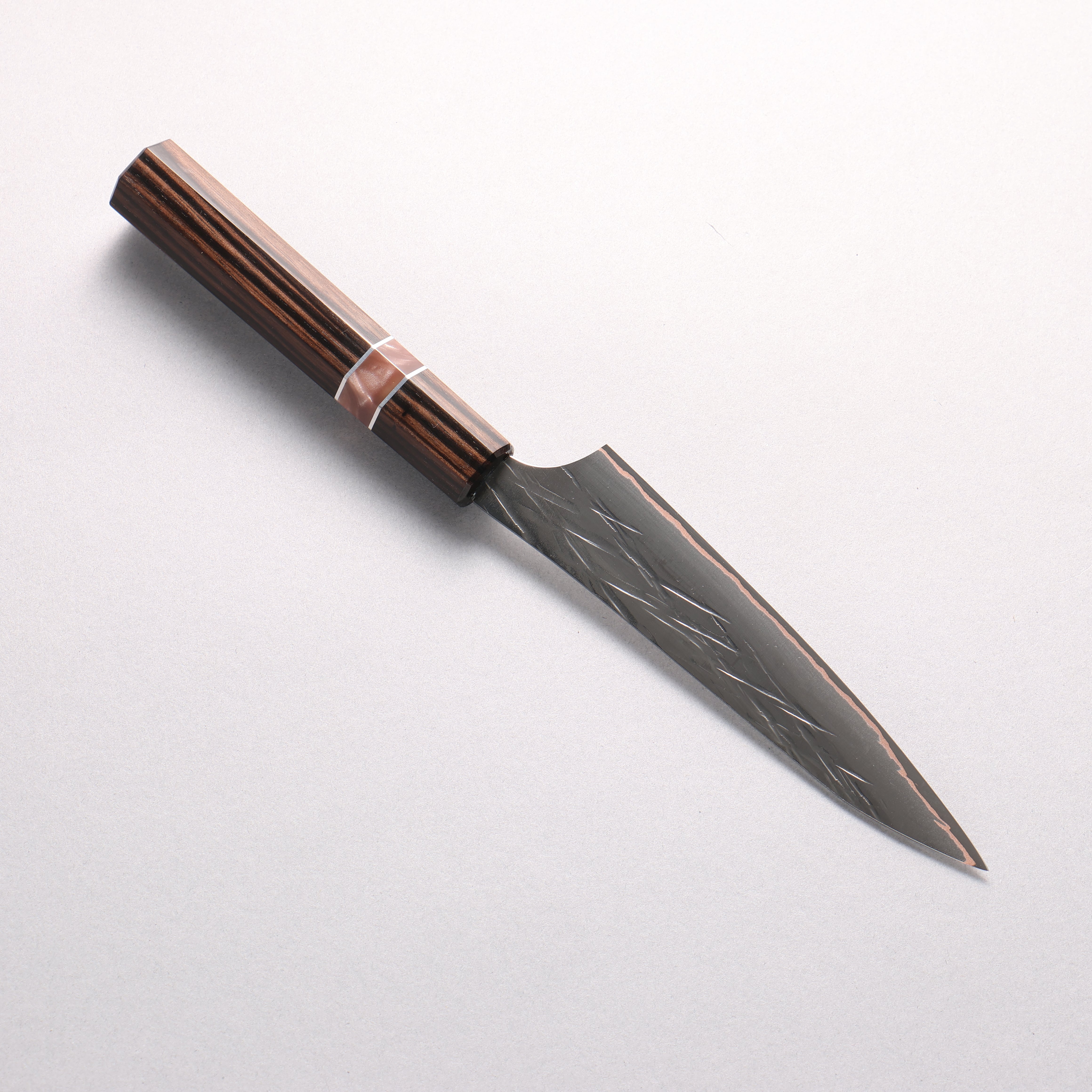 Yu Kurosaki Raijin VG10w Hammered Copper Layered Petty-Utility 130mm Ebony Wood (with Pink Gold Colored Resin and Silver Ring) Handle - Seisuke Knife