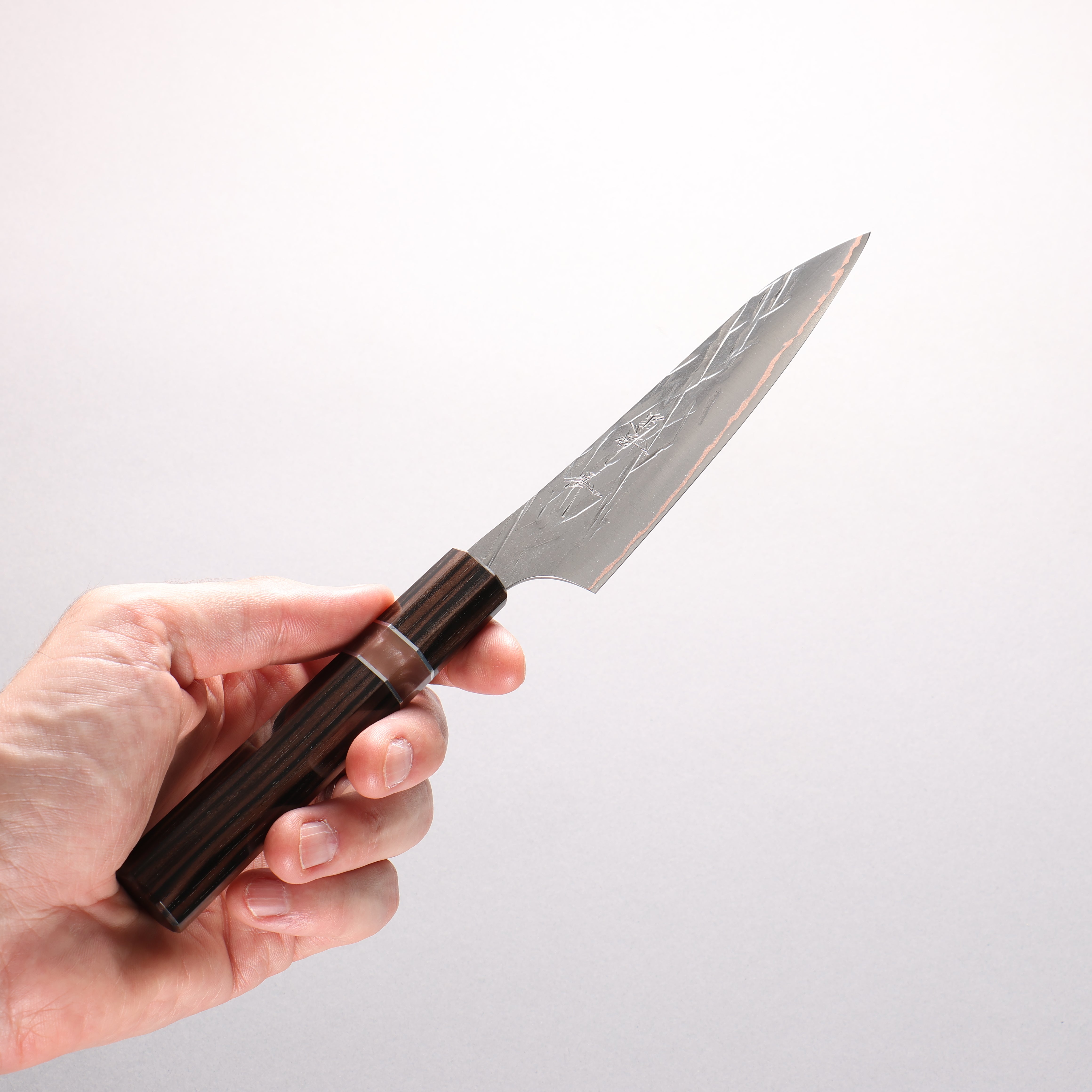 Yu Kurosaki Raijin VG10w Hammered Copper Layered Petty-Utility 120mm Ebony Wood (with Pink Gold Colored Resin and Silver Ring) Handle