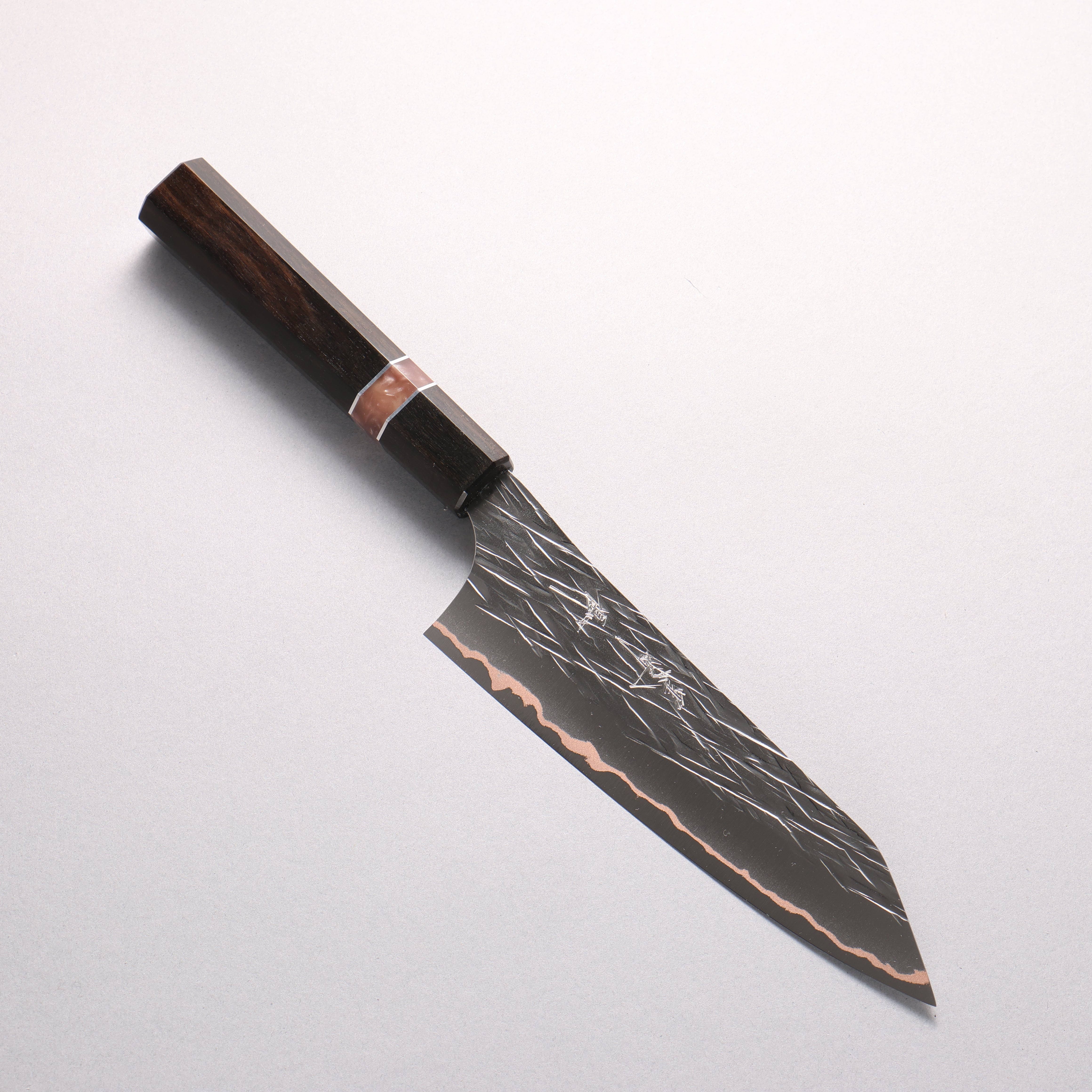 Yu Kurosaki Raijin VG10w Hammered Copper Layered Bunka 170mm Ebony Wood (with Pink Gold Colored Resin and Silver Ring) Handle