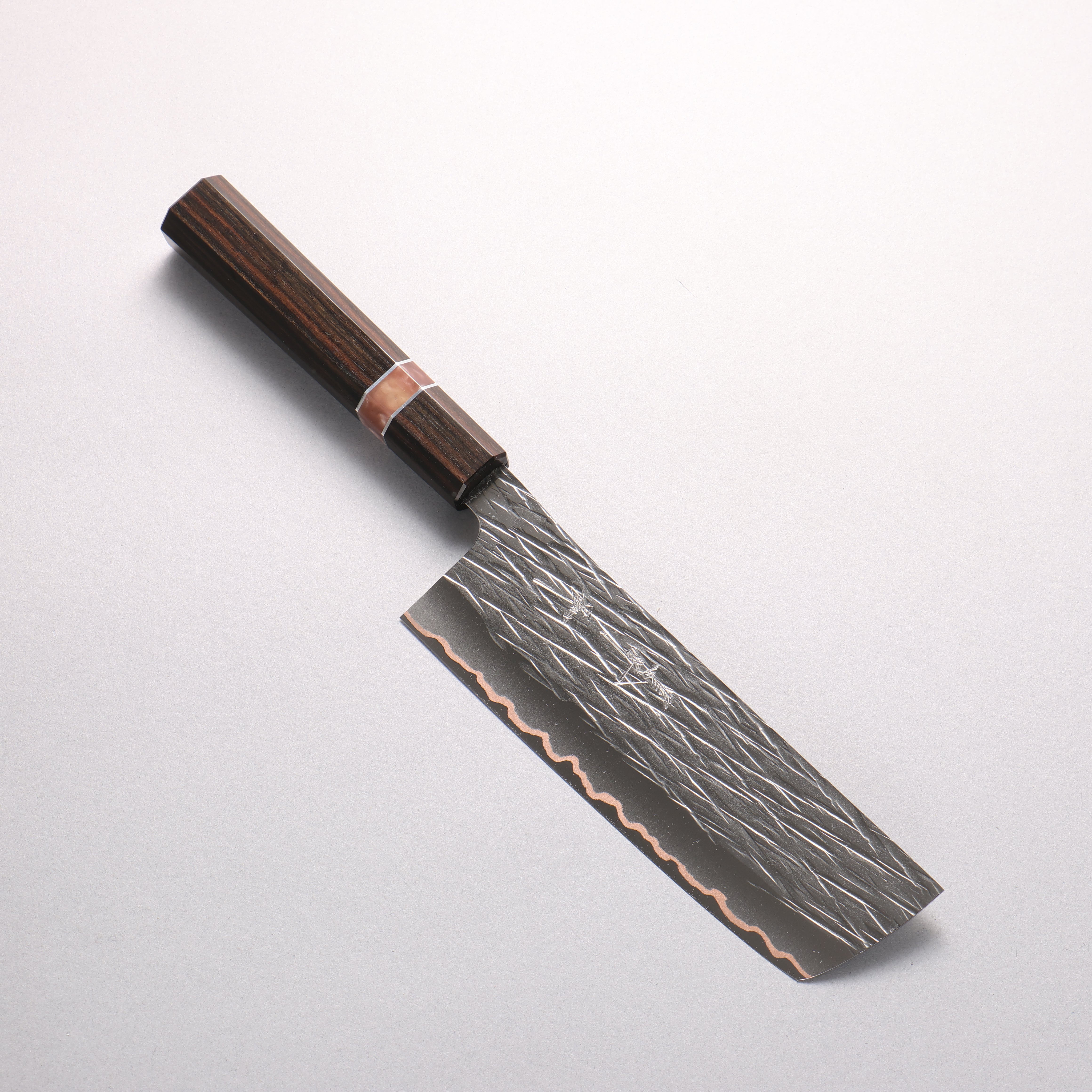 Yu Kurosaki Raijin VG10w Hammered Copper Layered Nakiri 165mm Ebony Wood (with Pink Gold Colored Resin and Silver Ring) Handle