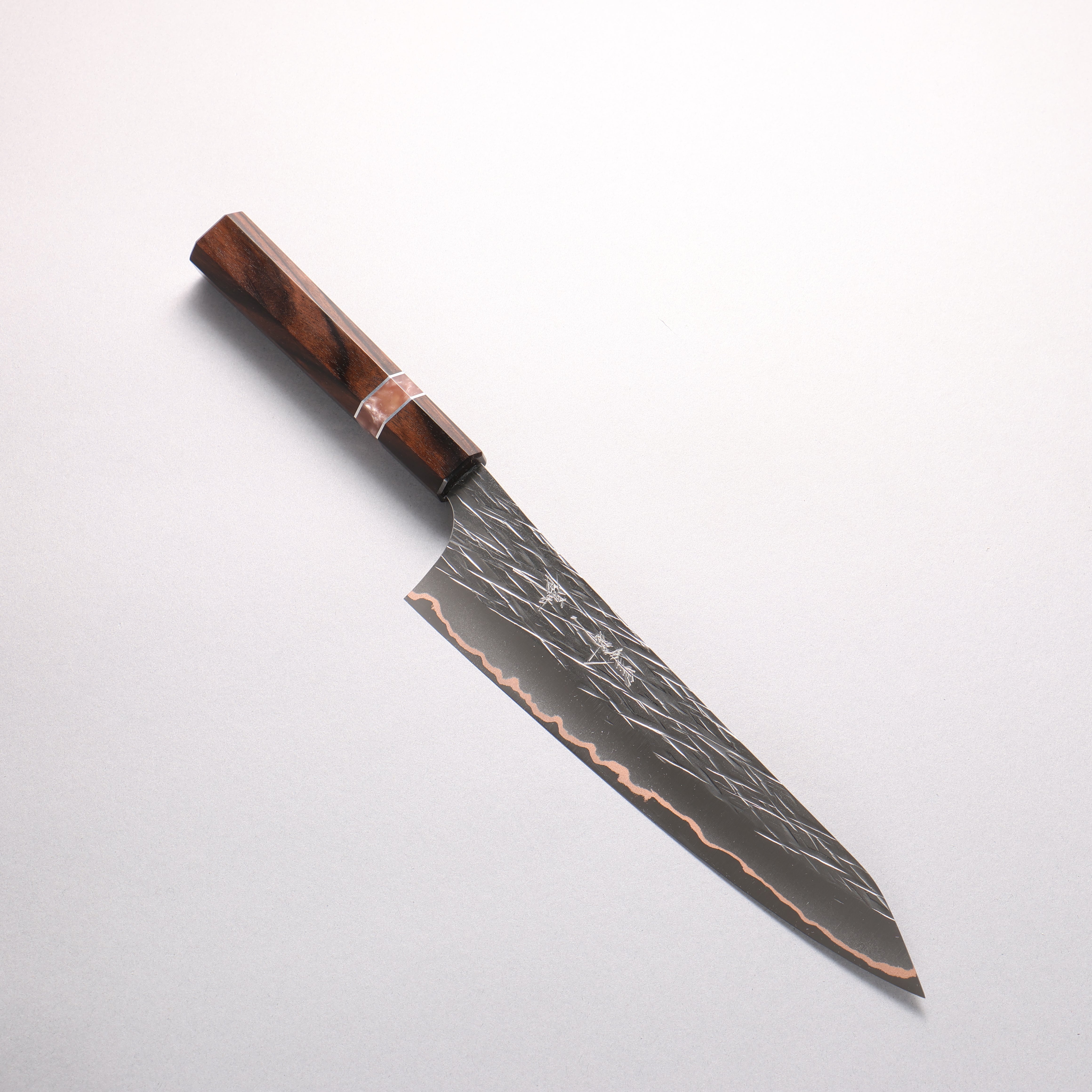 Yu Kurosaki Raijin VG10w Hammered Copper Layered Gyuto 210mm Ebony Wood (with Pink Gold Colored Resin and Silver Ring) Handle