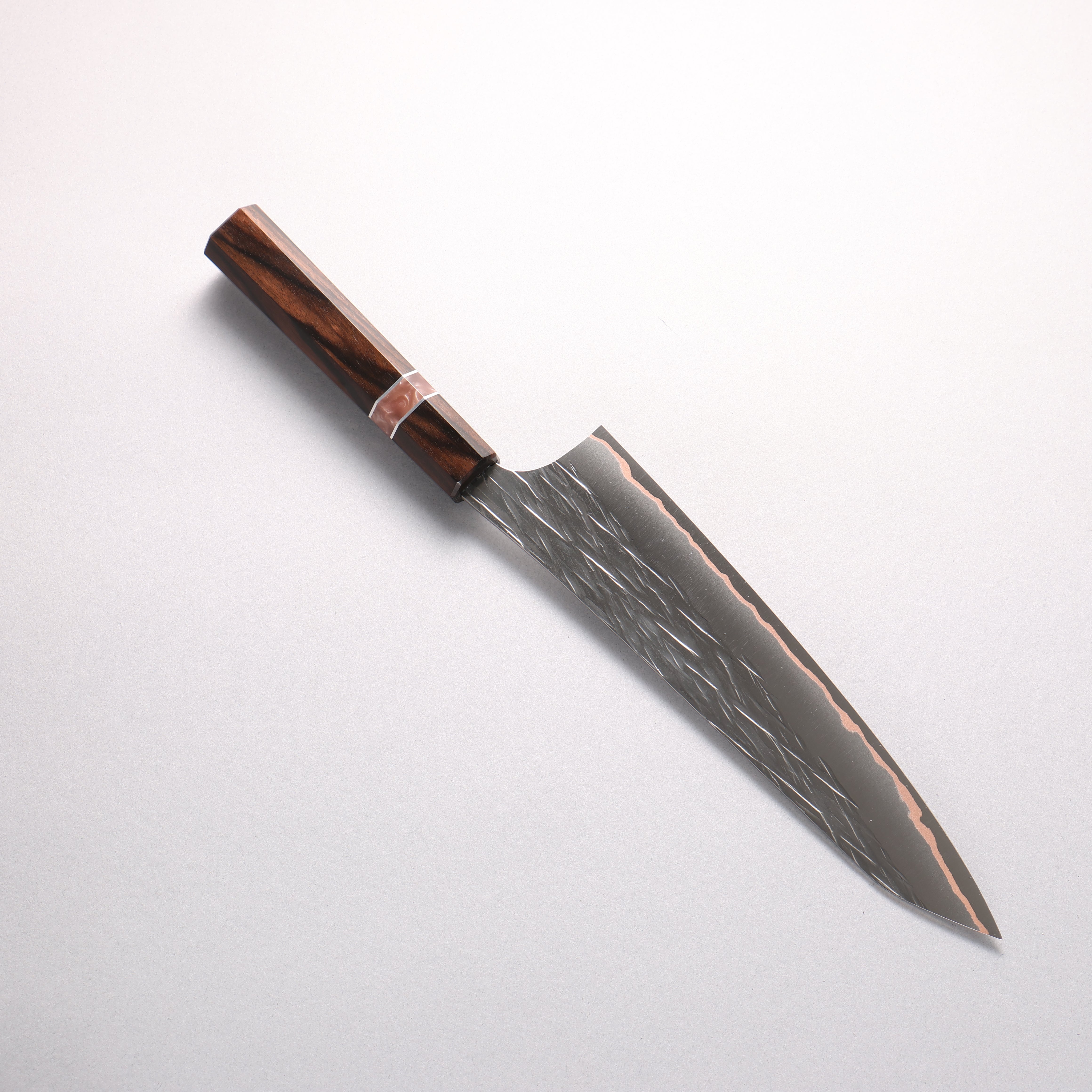 Yu Kurosaki Raijin VG10w Hammered Copper Layered Gyuto 210mm Ebony Wood (with Pink Gold Colored Resin and Silver Ring) Handle