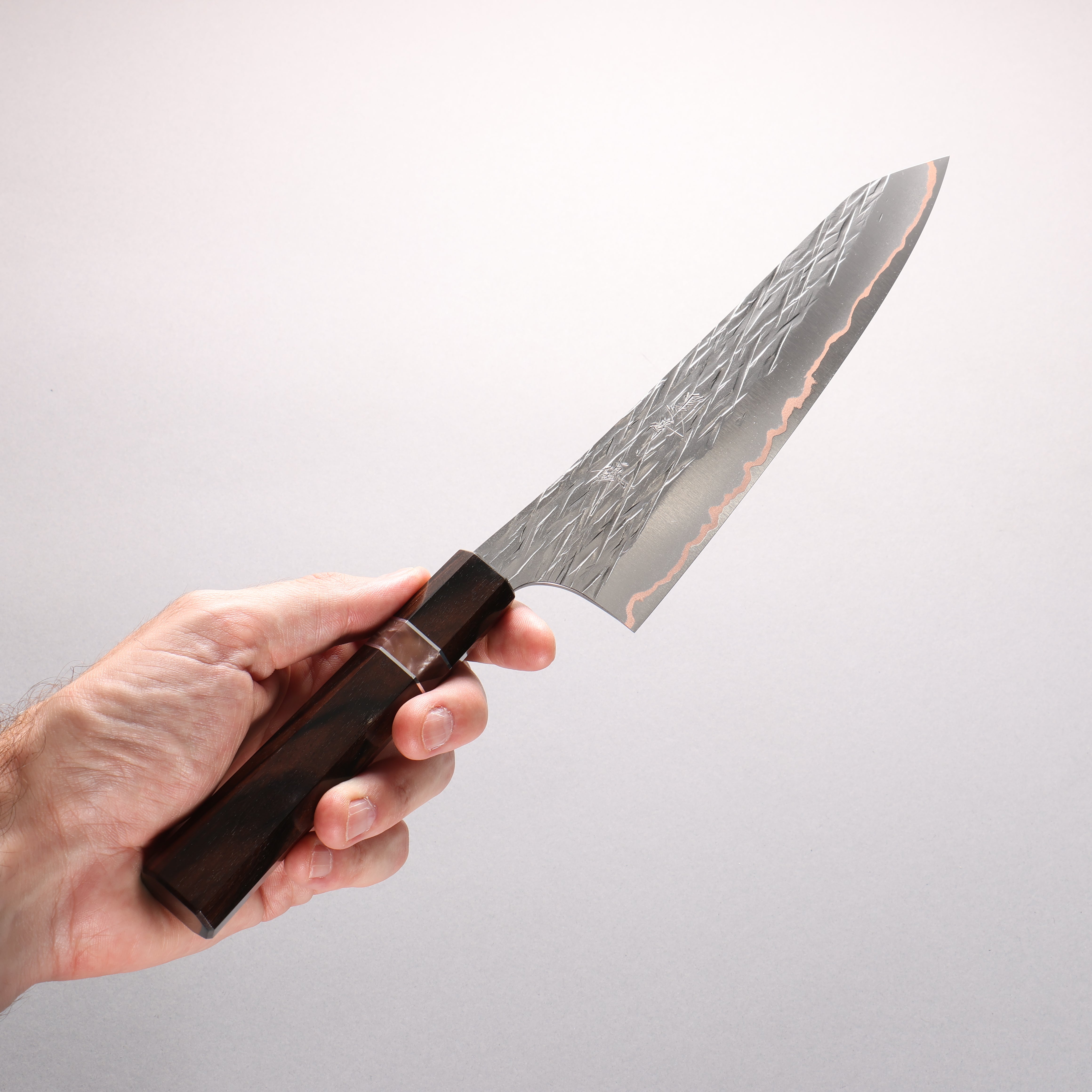 Yu Kurosaki Raijin VG10w Hammered Copper Layered Gyuto 210mm Ebony Wood (with Pink Gold Colored Resin and Silver Ring) Handle