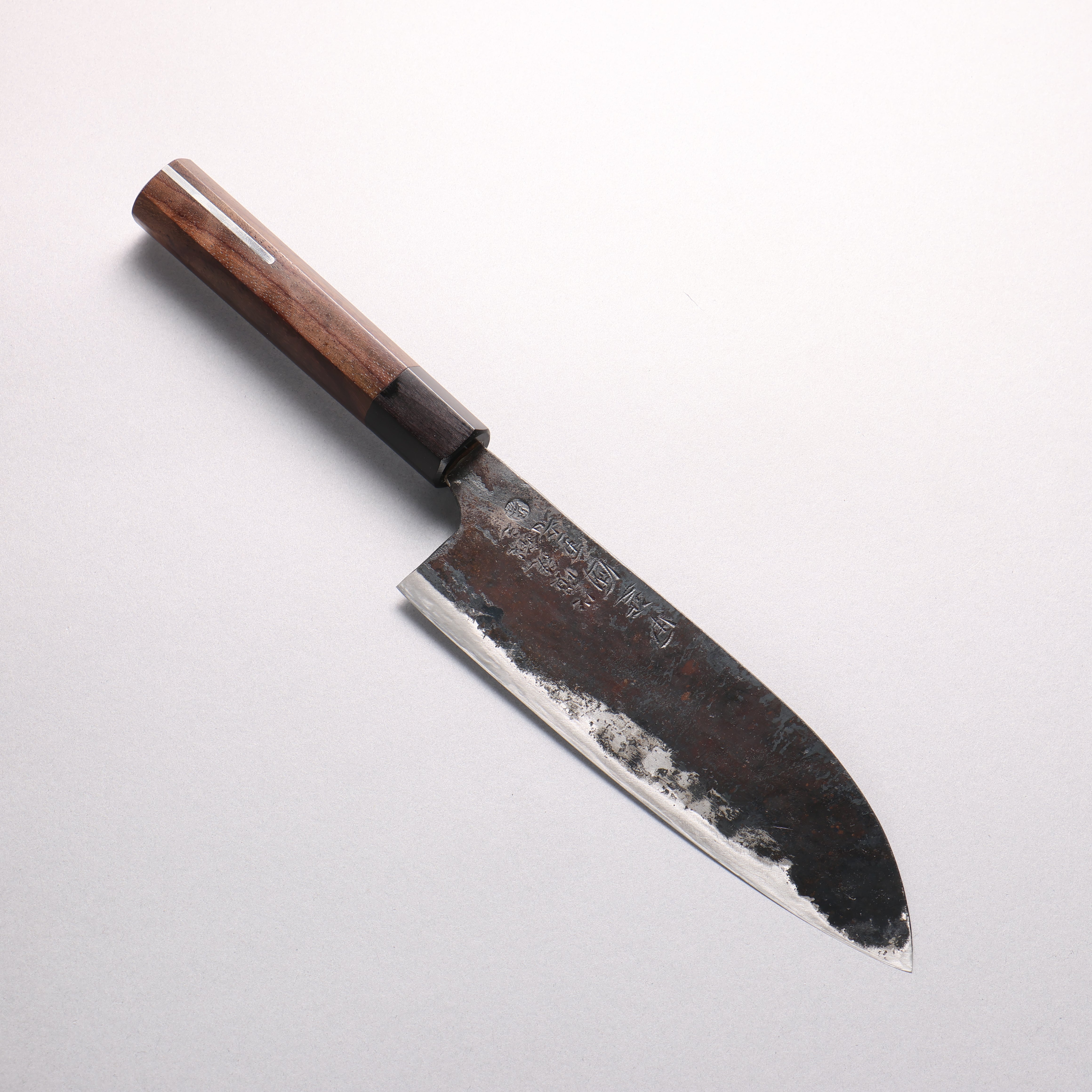 Shigemitsu Ito Tamahagane Meteorite Cladded Black Finished Santoku 180mm Rosewood (ferrule: Black Pakka wood With Silver Lining) Handle