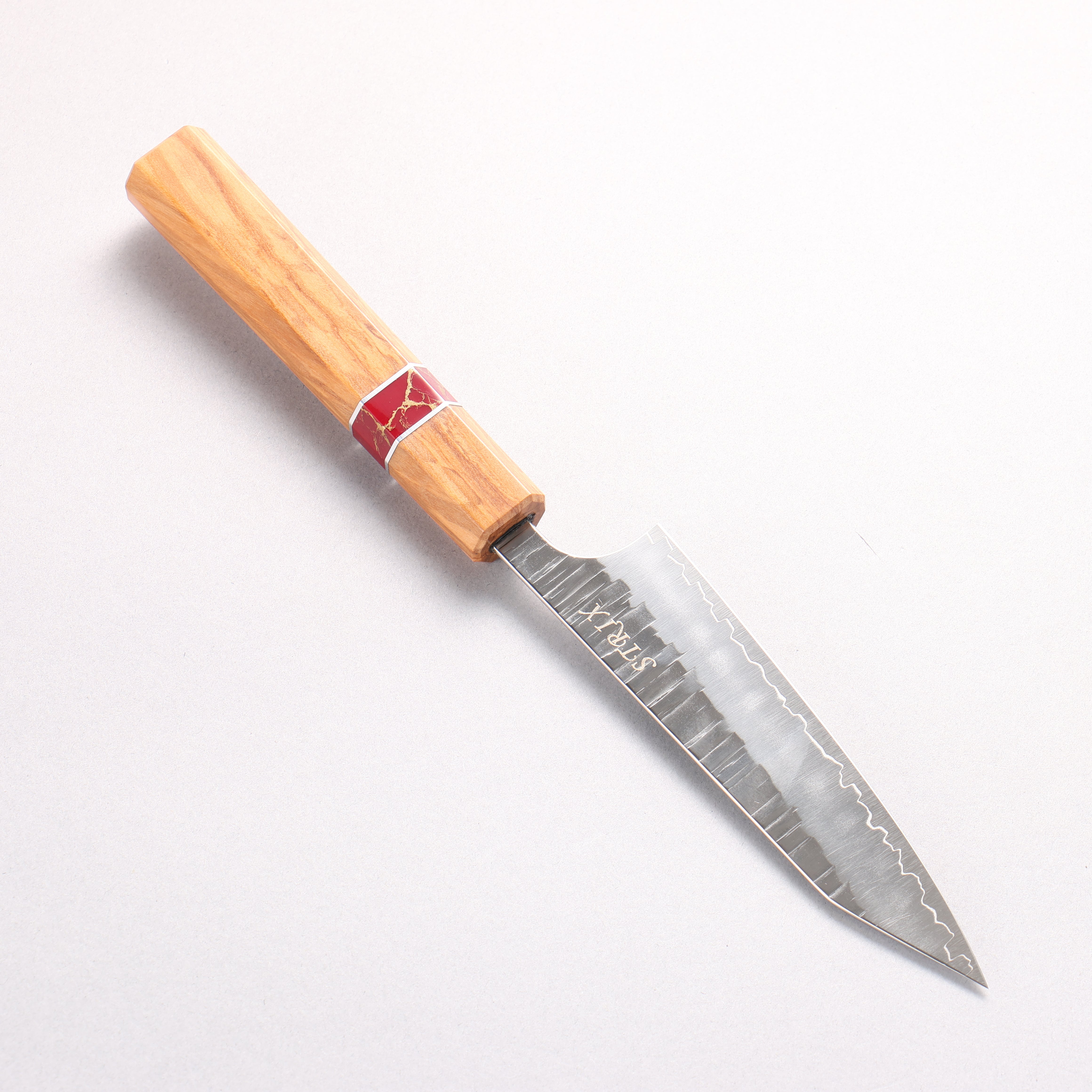 Yoshimi Kato Kasuri SPG STRIX Hammered Kiritsuke Petty-Utility 120mm Olive (Red Turquoise Ring) Handle