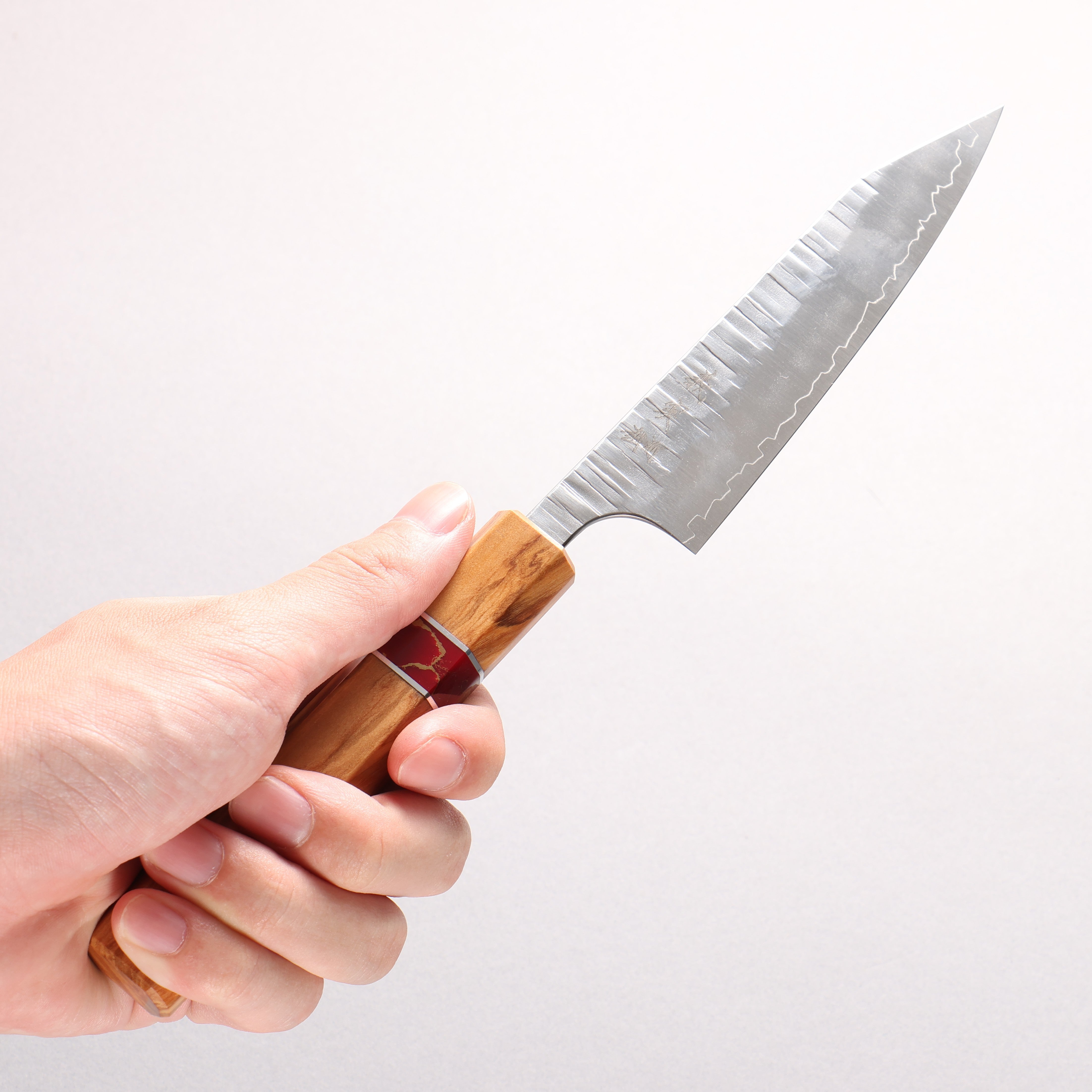 Yoshimi Kato Kasuri SPG STRIX Hammered Kiritsuke Petty-Utility 120mm Olive (Red Turquoise Ring) Handle