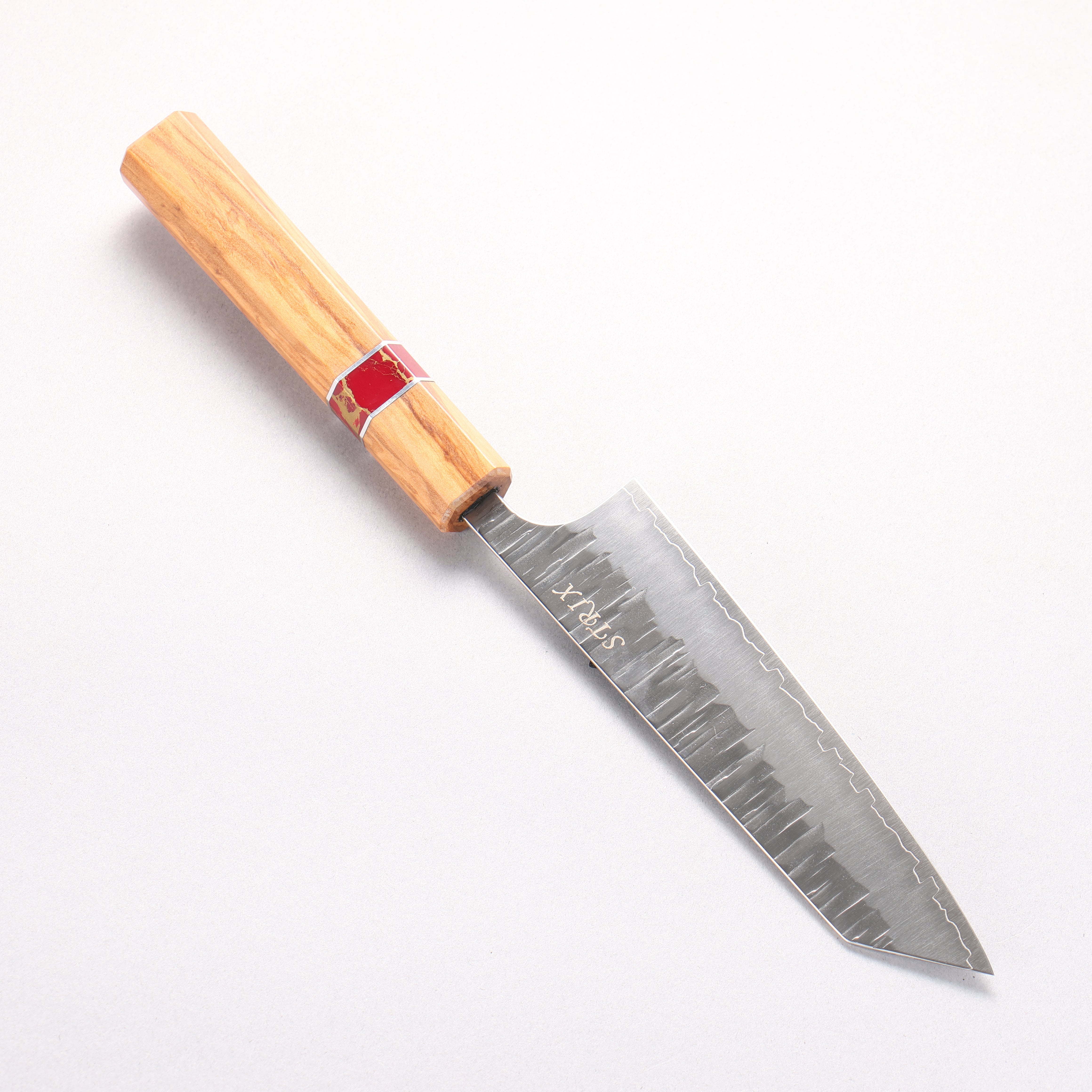 Yoshimi Kato Kasuri SPG STRIX Hammered Small Bunka 130mm Olive (Red Turquoise Ring) Handle