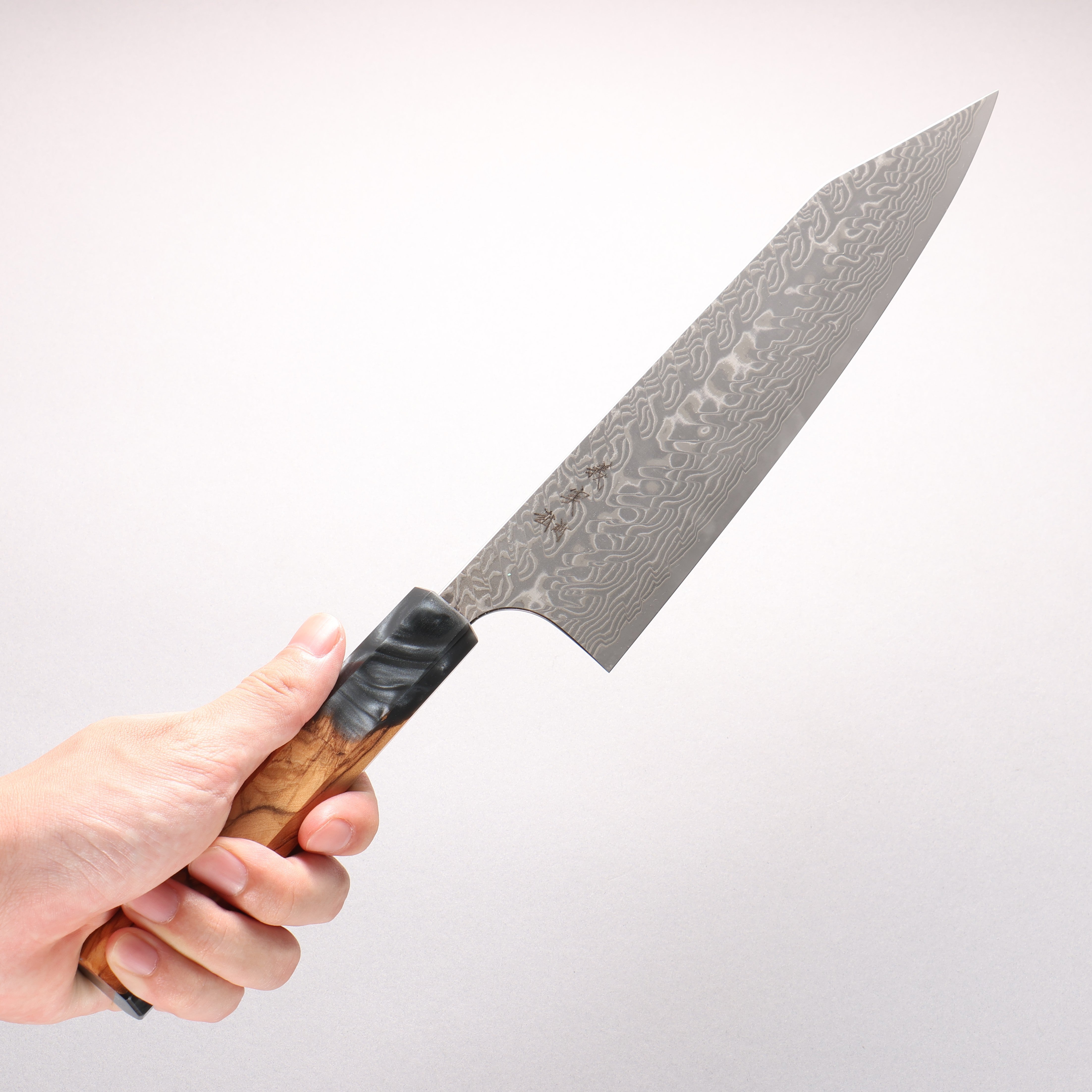 Yoshimi Kato SG2 Black Damascus Kiritsuke Gyuto 240mm Olive Tree and Black Resin Handle