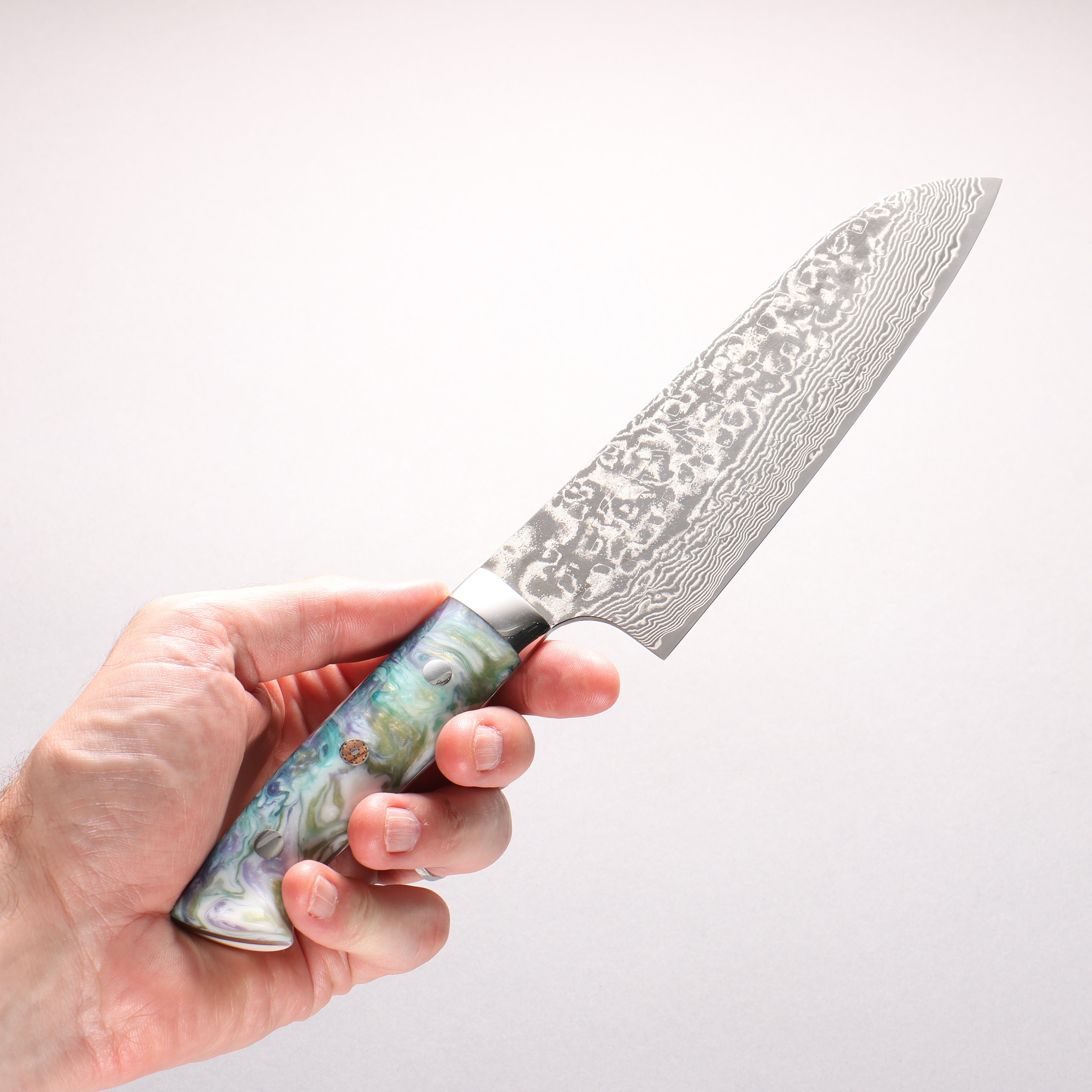Takeshi Saji SG2 Black Damascus Santoku 180mm White and Blue Marble Acrylic Handle