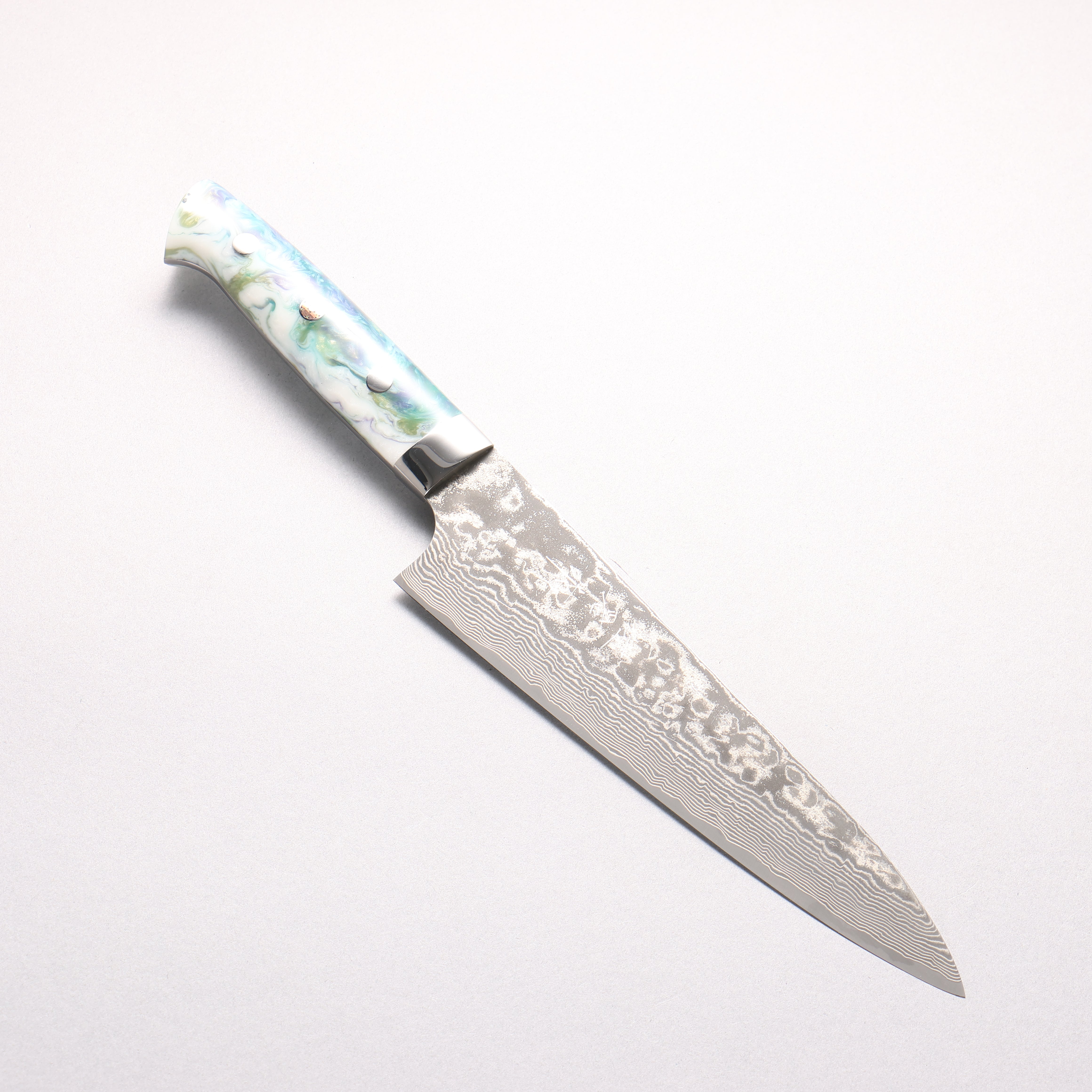 Takeshi Saji SG2 Black Damascus Gyuto 180mm White and Blue Marble Acrylic Handle