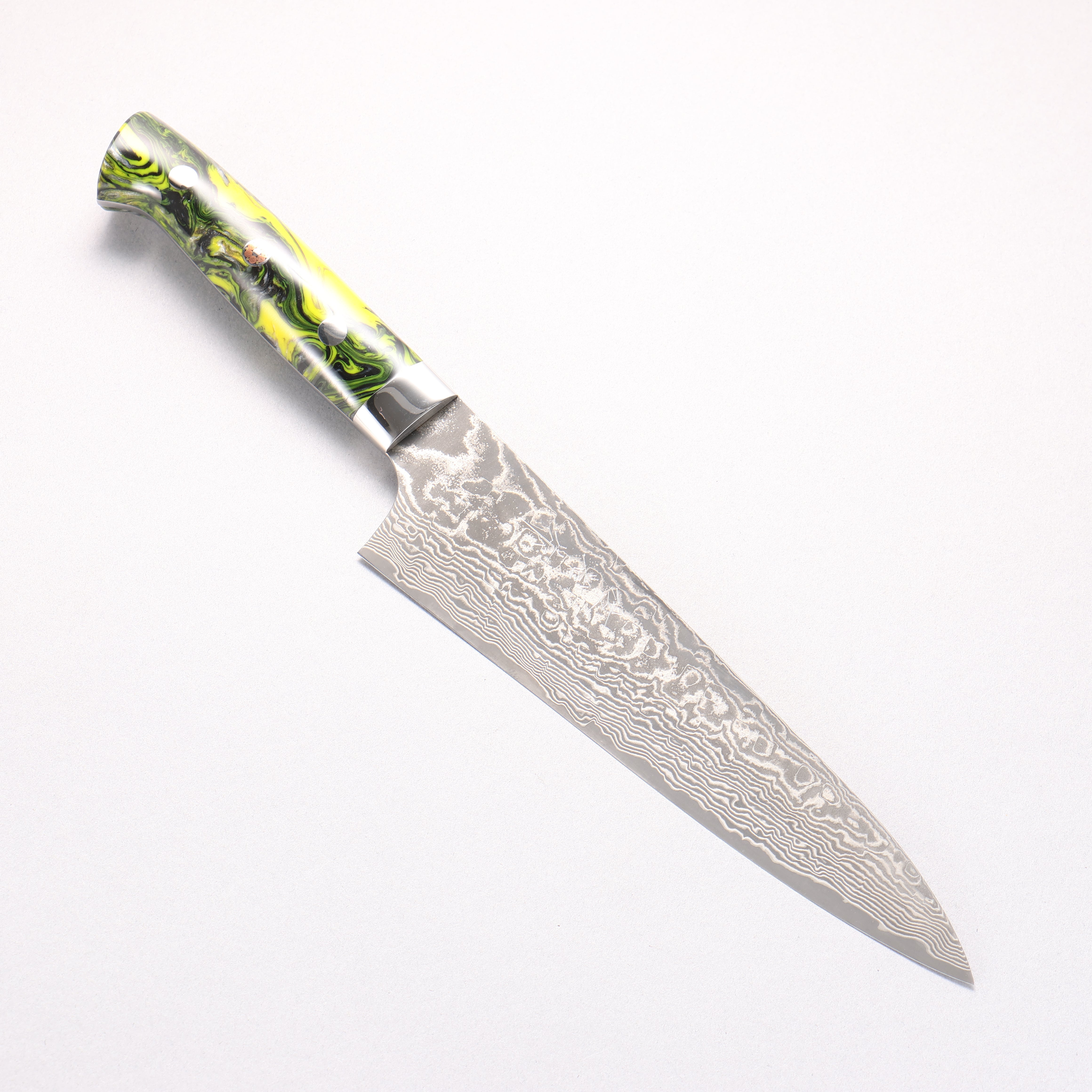 Takeshi Saji SG2 Black Damascus Gyuto 180mm Black and Yellow Marbled Acrylic Handle