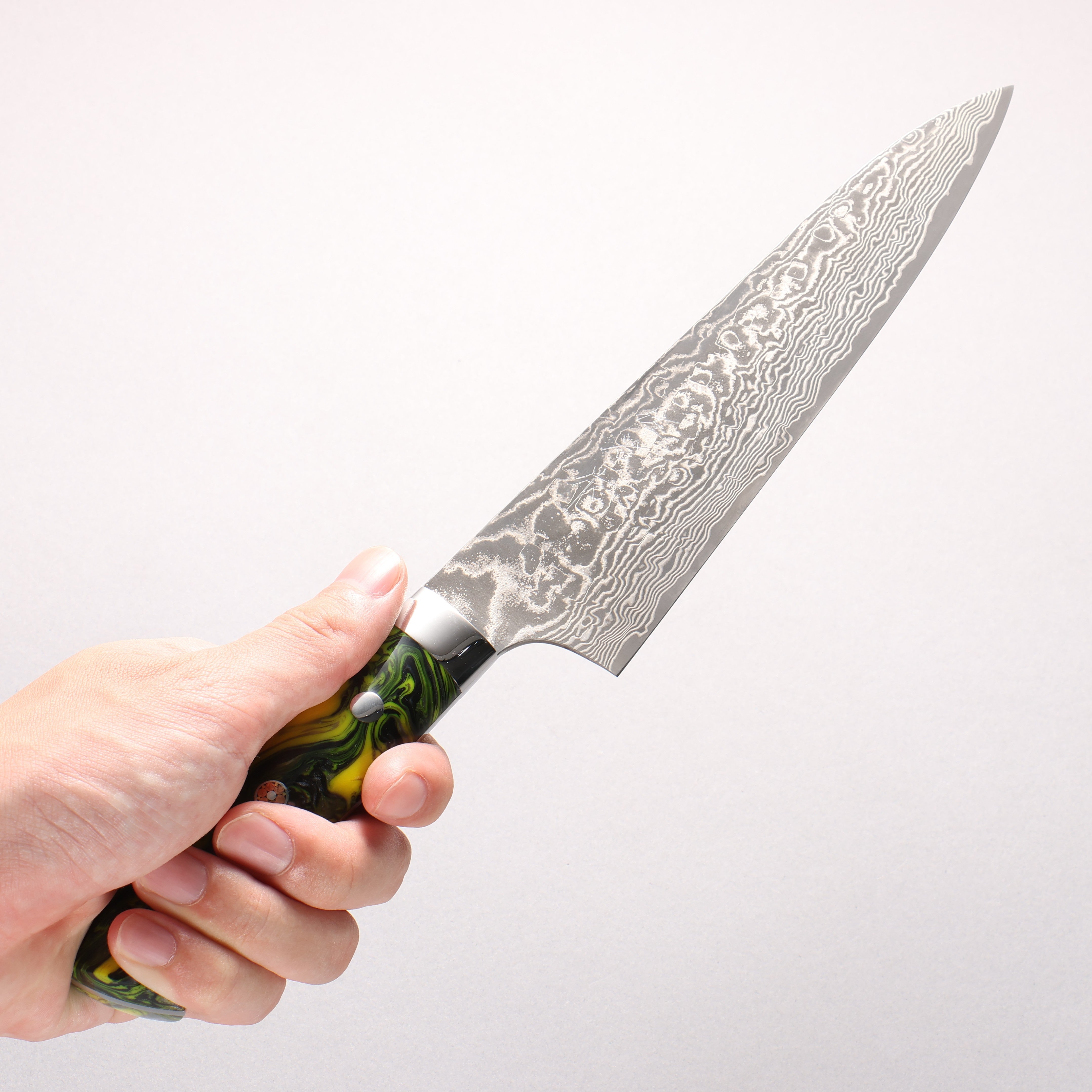 Takeshi Saji SG2 Black Damascus Gyuto 180mm Black and Yellow Marbled Acrylic Handle