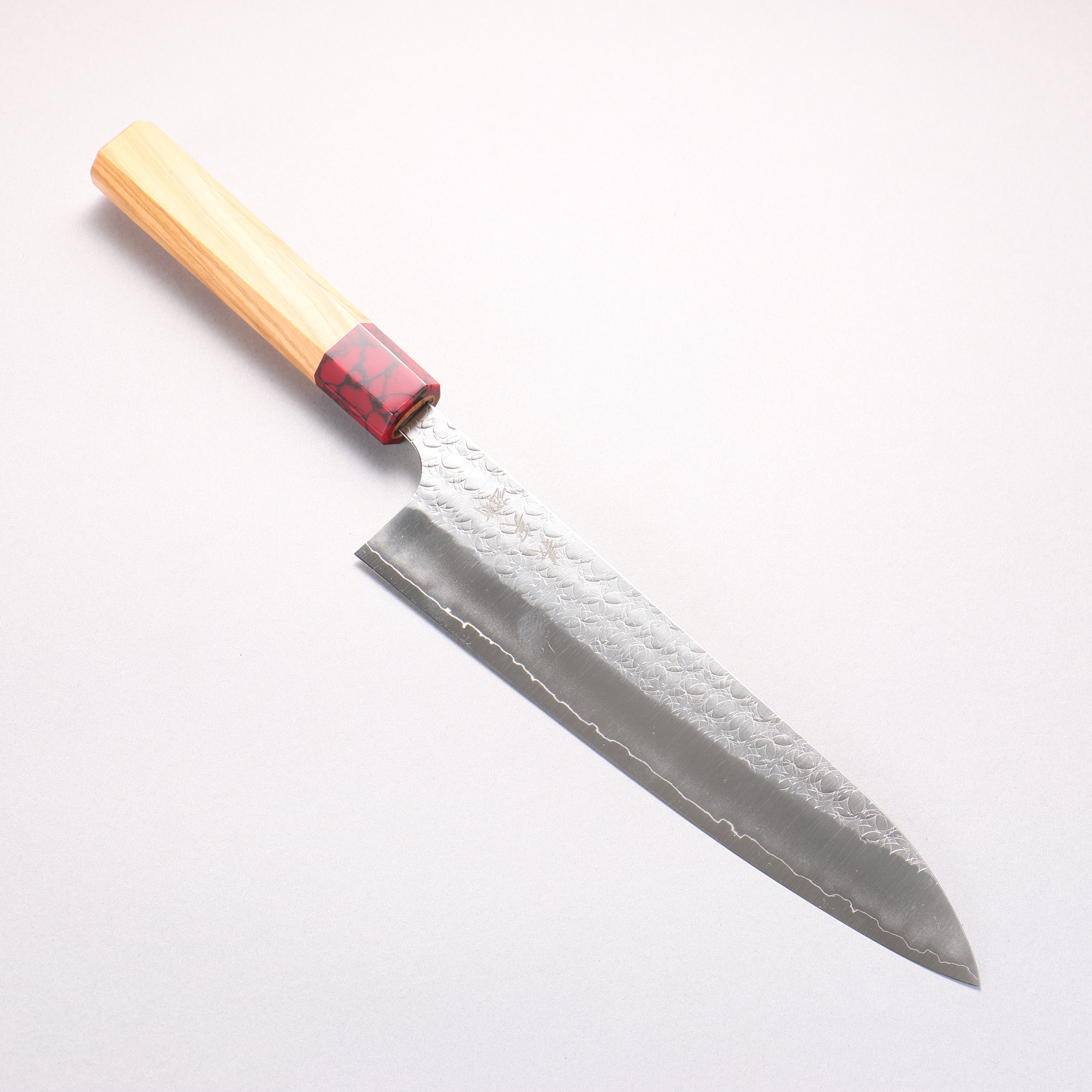 Yoshimi Kato Minamo SG2 Hammered Gyuto 210mm Olive Tree (ferrule: Red Turquoise) Handle
