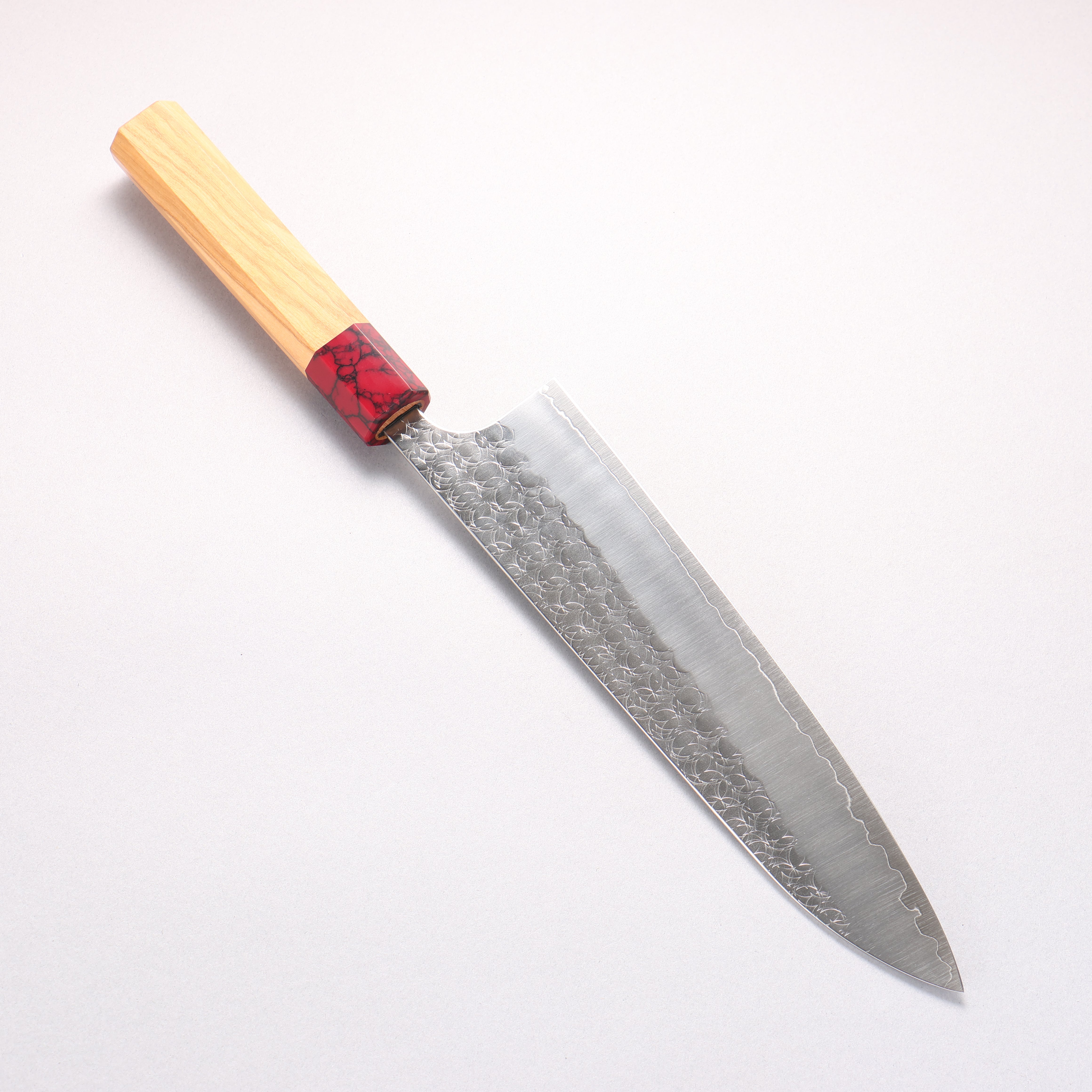 Yoshimi Kato Minamo SG2 Hammered Gyuto 210mm Olive Tree (ferrule: Red Turquoise) Handle