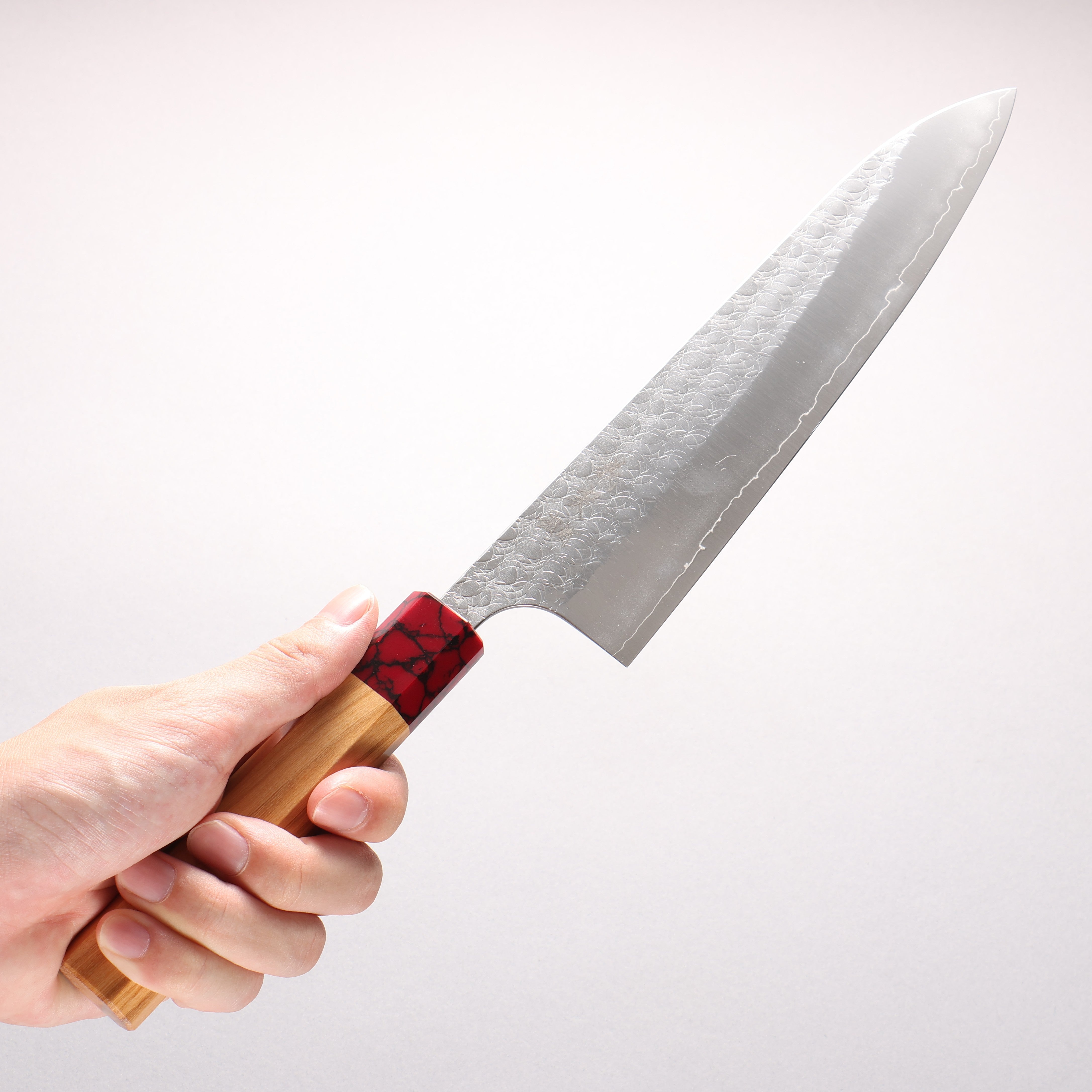 Yoshimi Kato Minamo SG2 Hammered Gyuto 210mm Olive Tree (ferrule: Red Turquoise) Handle
